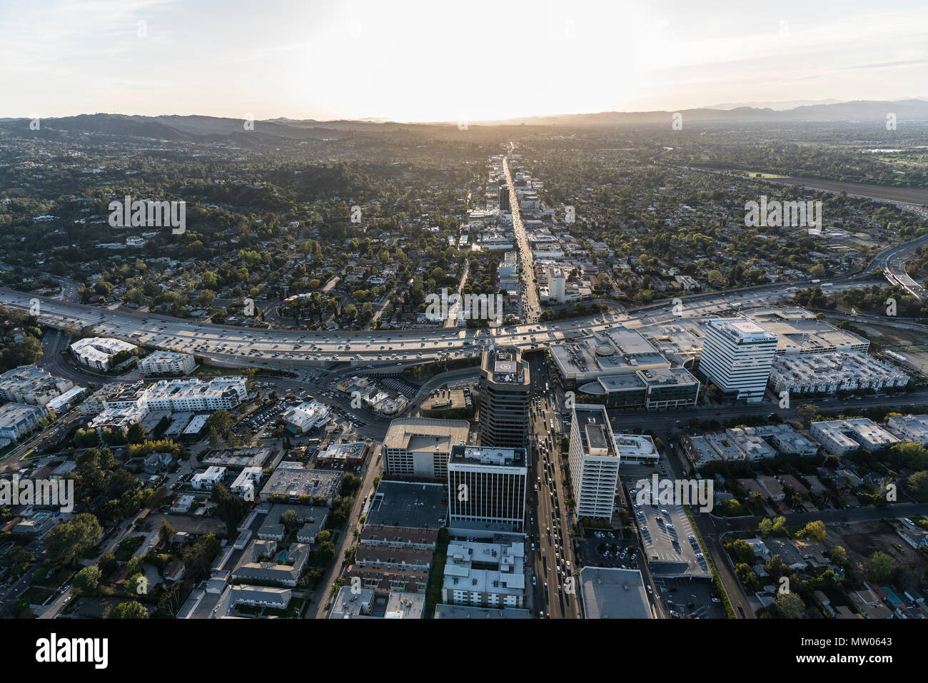 Los Angeles, California, USA - April 18, 2018:  Aerial view of Ventura Bl and the San Diego 405 Freeway in the Sherman Oaks area of the San Fernando V Stock Photo