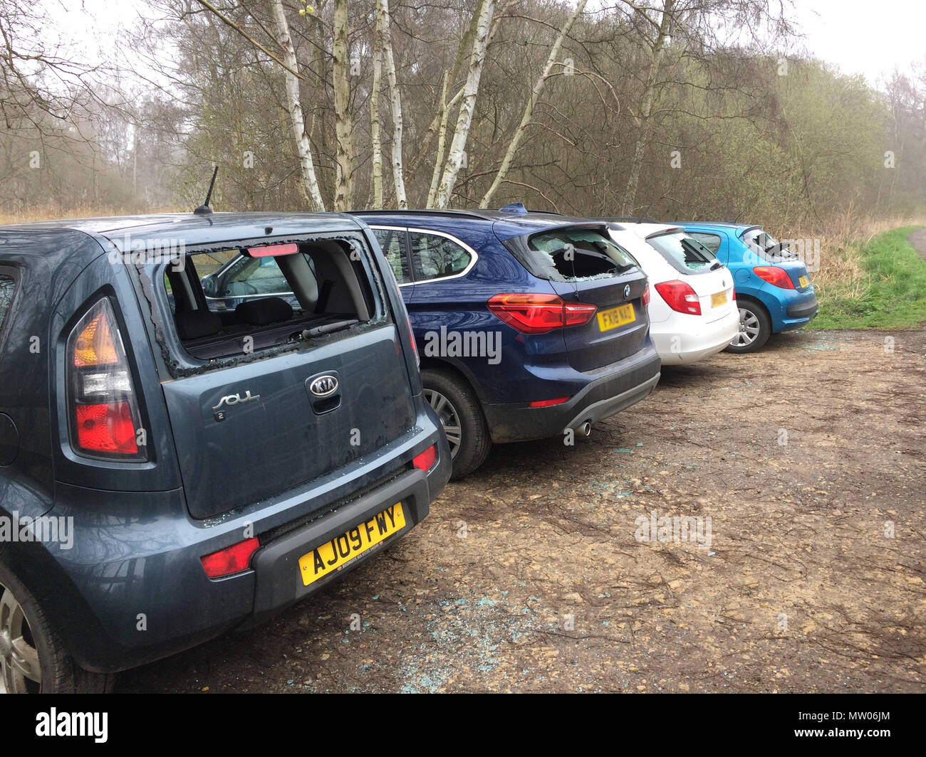 car crime, back windows smashed, holme fen nature reserve, cambridgeshire Stock Photo