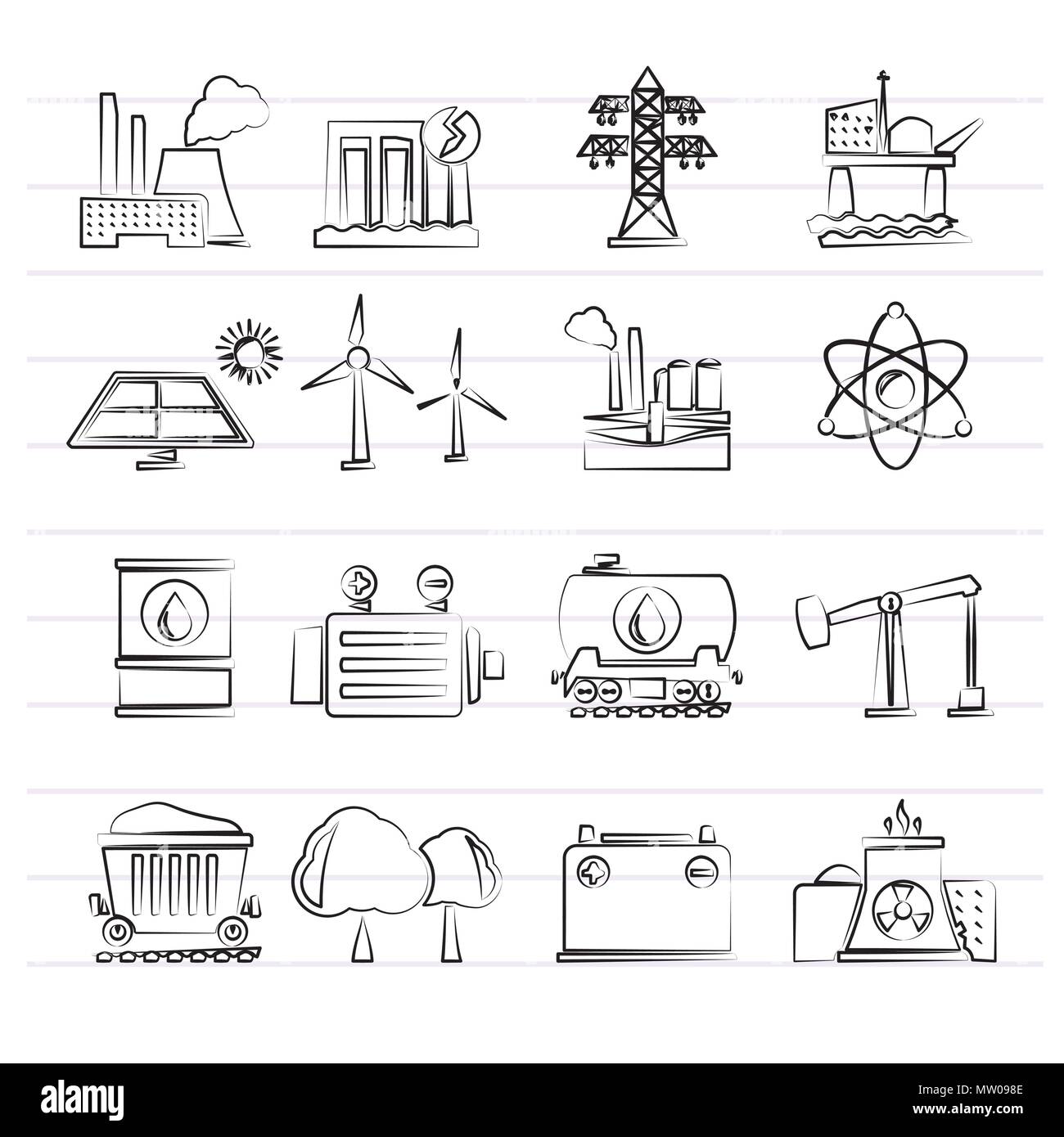 Energy producing industry and resources icons - vector icon set Stock Vector