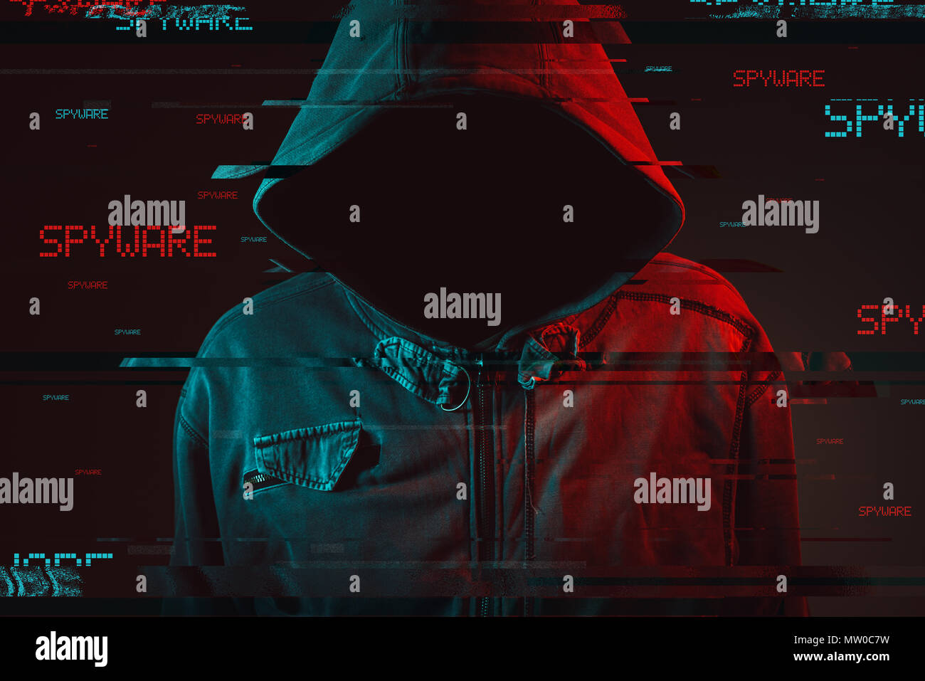 Spyware concept with faceless hooded male person, low key red and blue lit image and digital glitch effect Stock Photo