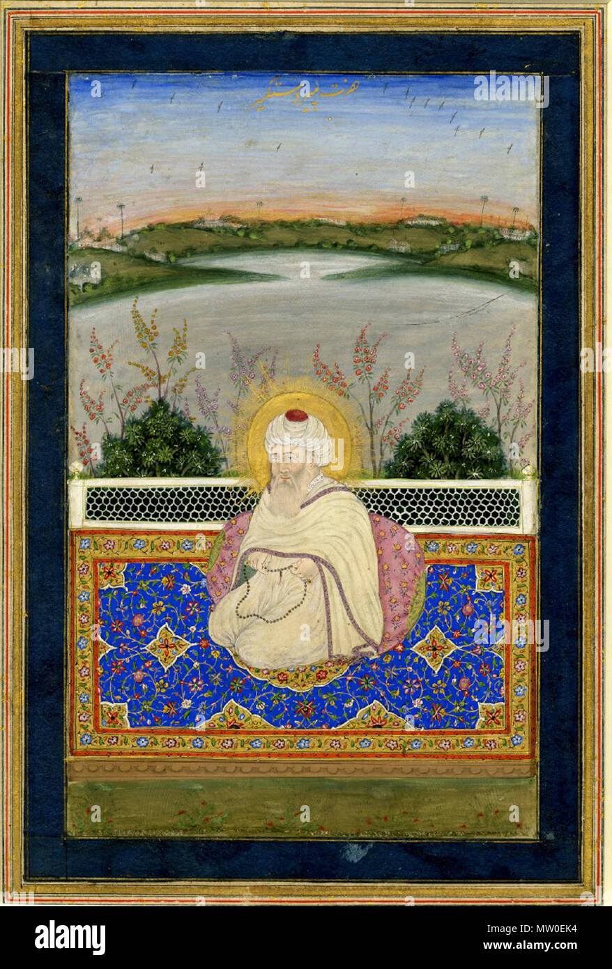 . English: Pir Dastgir India, Mughal School, Late 18th century Opaque watercolour on paper Posthumous portraits of important religious and political figures were very popular in 18th-century Mughal India. This figure would have been a pir, the founder of a dervish order, but it is not now certain to which group he belonged. late 18th century. Mughal Style 485 Pir Dastgir Stock Photo