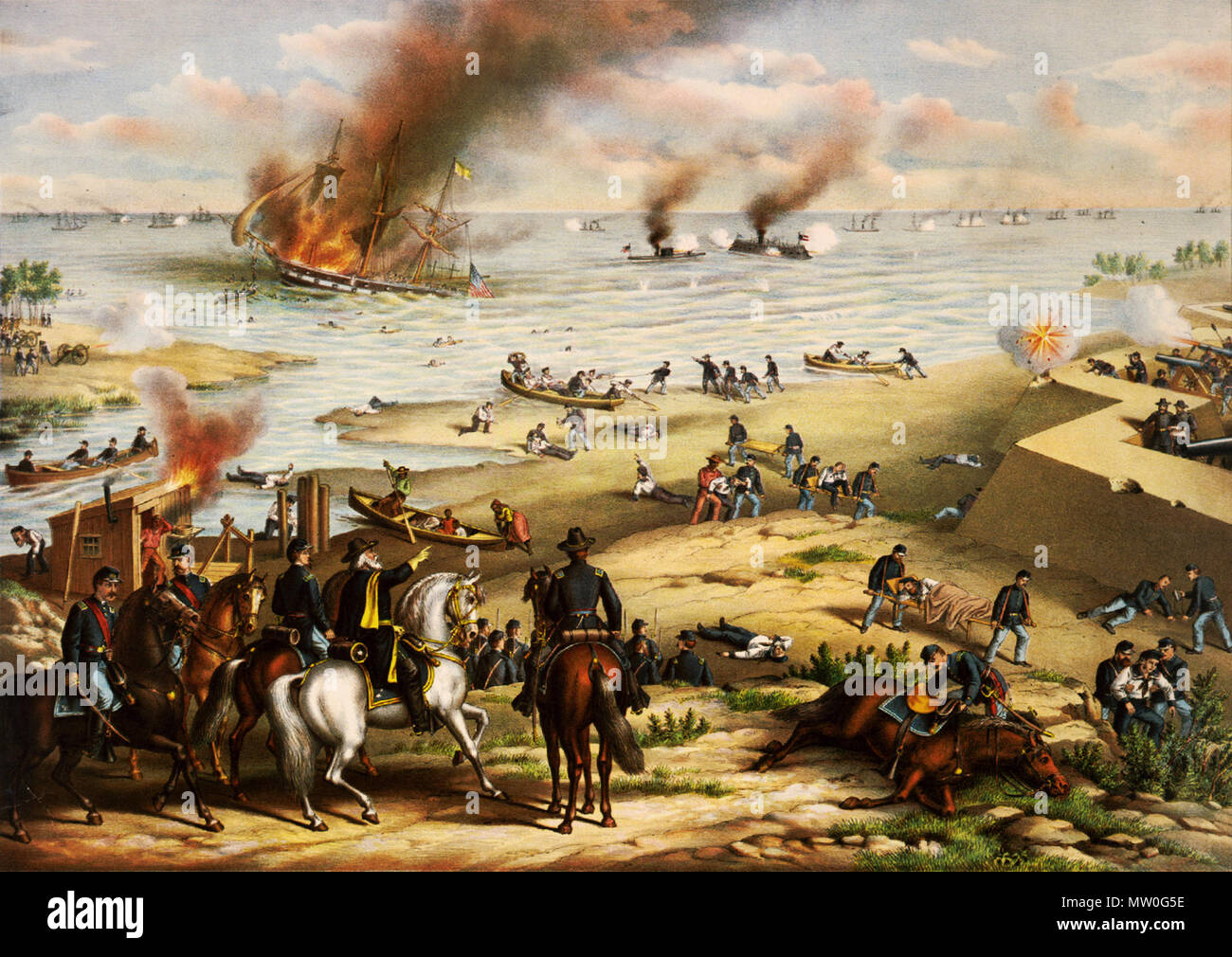 . Battle between the Monitor and Merrimac--fought March 9th 1862 at Hampton Roads, near Norfolk, Va. Print shows a battle scene between the ironclads Monitor and Merrimac just offshore, also shows a Union ship sinking and rescue boats being put to sea from shore, as well as a Union artillery bunker, Union soldiers and officers, and some rescued sailors. c1889 Aug. 31.  75 Battle of Hampton Roads 3g01752u Stock Photo
