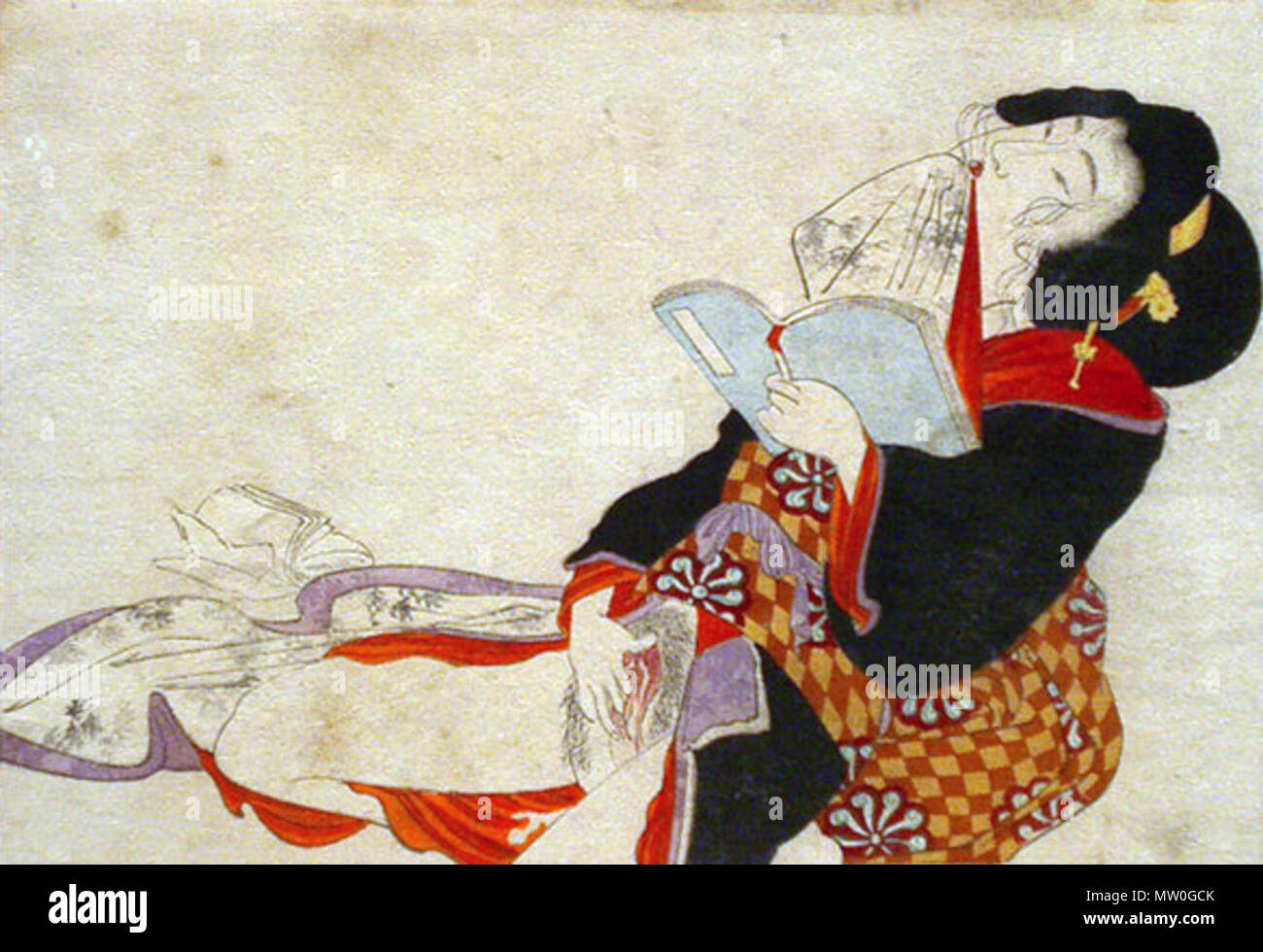 . English: Japanese shunga . circa 1910s. Unknown 556 Shunga woman reading Stock Photo