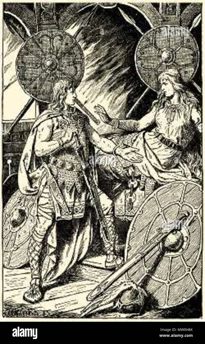 . English: Siegfried and Brunhild, an uncredited engraving of 1883, from With the World's People Vol. 6 (1915) by John Clark Ridpath. 1915. Unknown 557 Siegfried and Brunhild Stock Photo