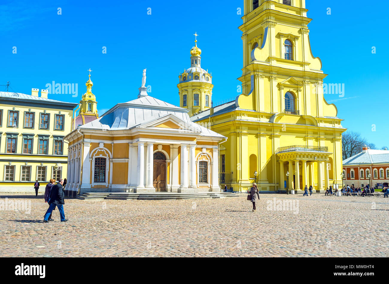 SAINT PETERSBURG, RUSSIA - APRIL 27, 2015:  Peter and Paul Citadel with its main square is one of the most beloved places in the city among tourists,  Stock Photo