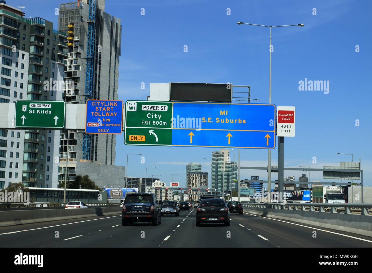 Road sign boards in to Shout East Suburbs in Melbourne Freeway Victoria Australia Stock Photo