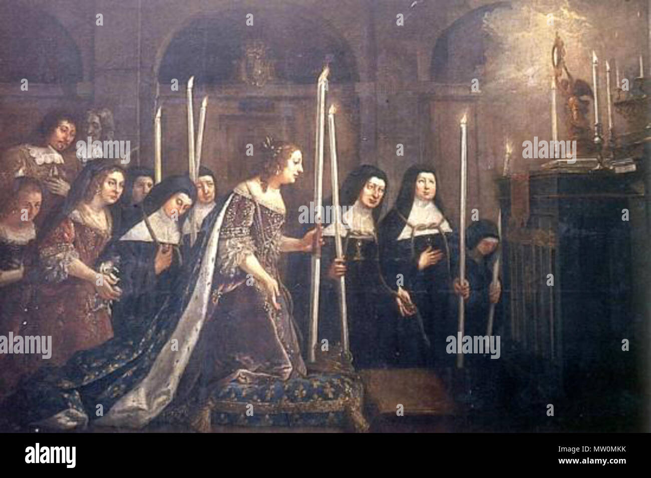 . English: Anne of Austria, Queen of France and regent for Louis XIV, with Mechtilde of the Holy Sacrament (Catherine de Bar) adoring the Holy Eucaristy in 1654, when the Benedictine of the Perpetual Adoration were moved to their new monastery at Paris. circa 1660. Unknown, French 489 Pocztki Stock Photo