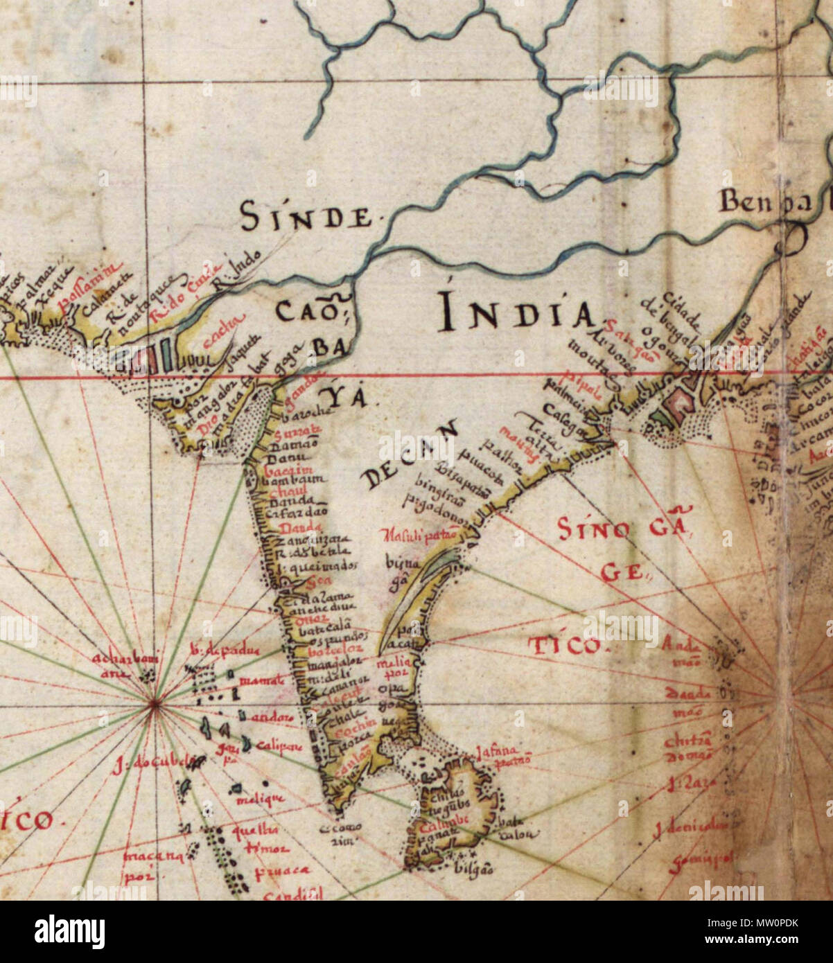 . English: Detail of India, from a 1630 Portuguese map of Asia, entitled Taboas geraes de toda a navegação, divididas e emendadas por Dom Ieronimo de Attayde com todos os portos principaes das conquistas de Portugal delineadas por Ioão Teixeira cosmographo de Sua Magestade, anno de 1630 (General tables of all the navigation, divided and corrected by D. Jeronimo de Ataide, with all the ports and conquests of Portugal delineated by Joao Teixeira, cosmographer of His Majesty, Year 1630' . Jeronimo de Ataide, João Teixeira 498 Portugues map of India, 1630 Stock Photo