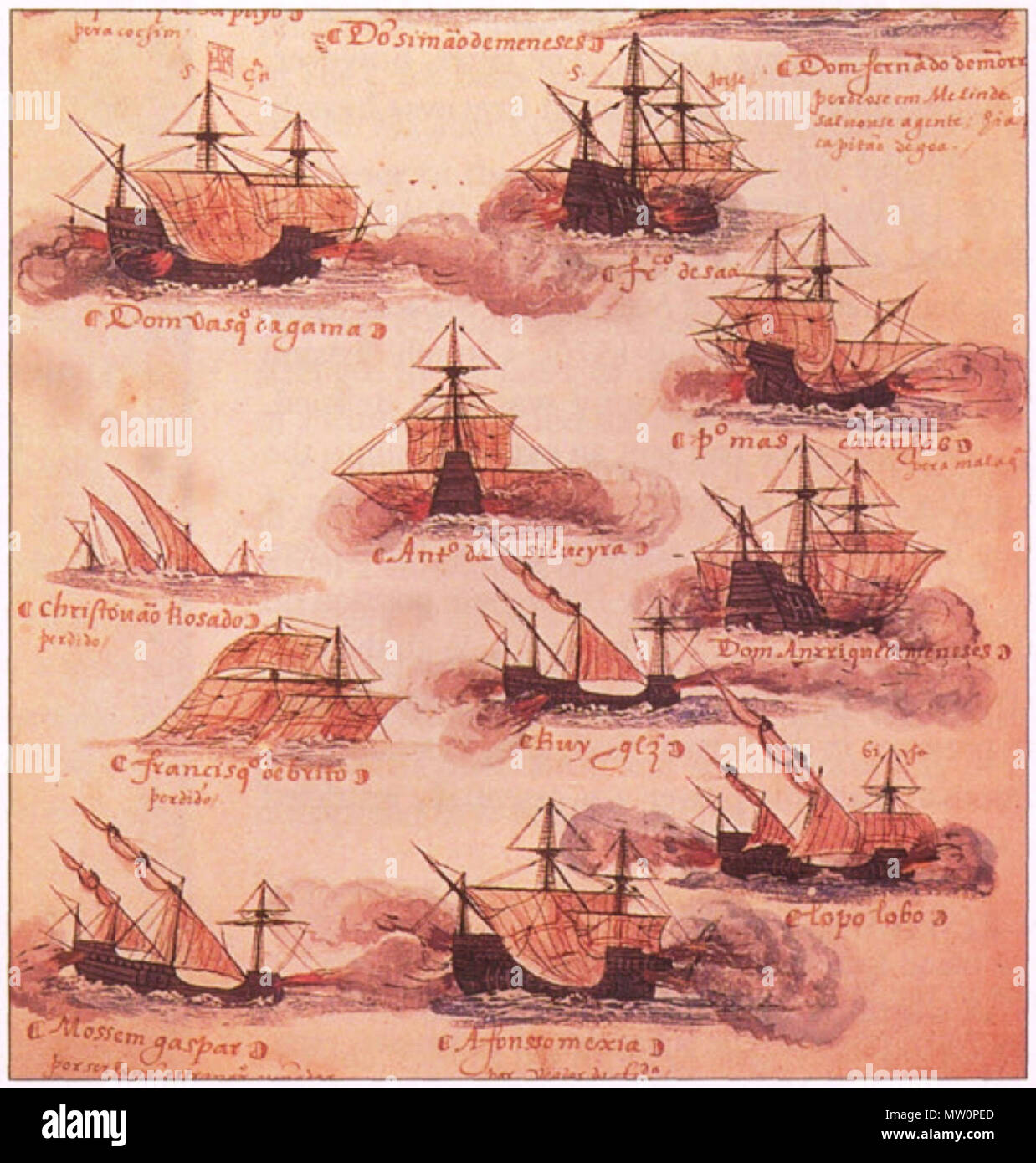. English: Portuguese ships 16th century Livro das Armadas. 16th century. Anonymus Portuguese author 16th century 498 Portuguese ships 16th century Livro das Armadas Stock Photo