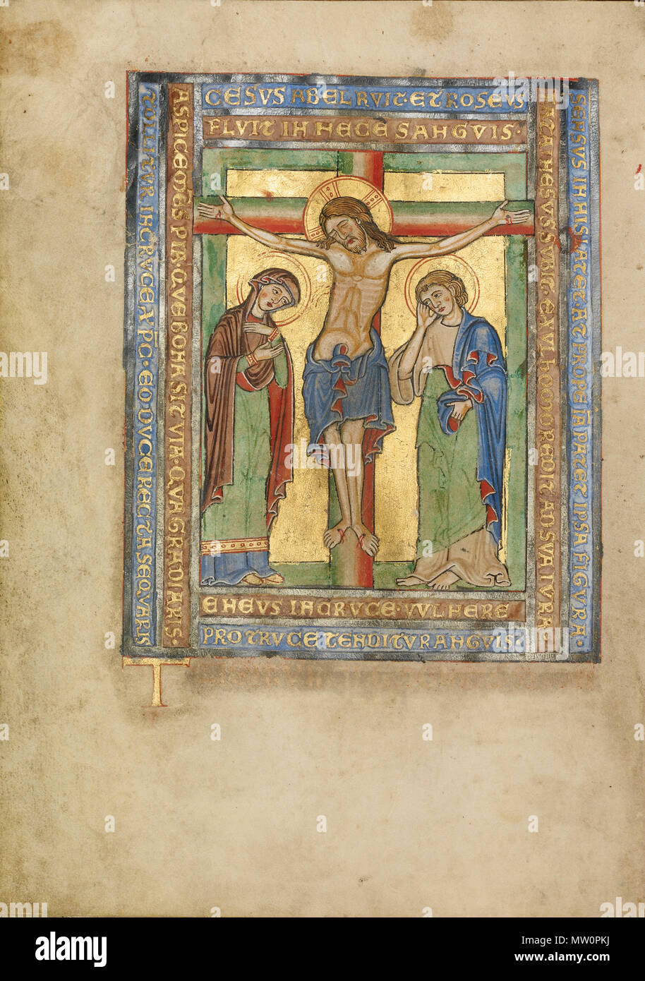 . English: Initial T: The Crucifixion; Unknown; Steinfeld, Germany; about 1180; Tempera colors, gold, silver, and ink on parchment; Leaf: 25.2 x 17.9 cm (9 15/16 x 7 1/16 in.); Ms. Ludwig V 4, fol. 67v . circa 1180. Unknown 575 Steinfeld Missal T Stock Photo