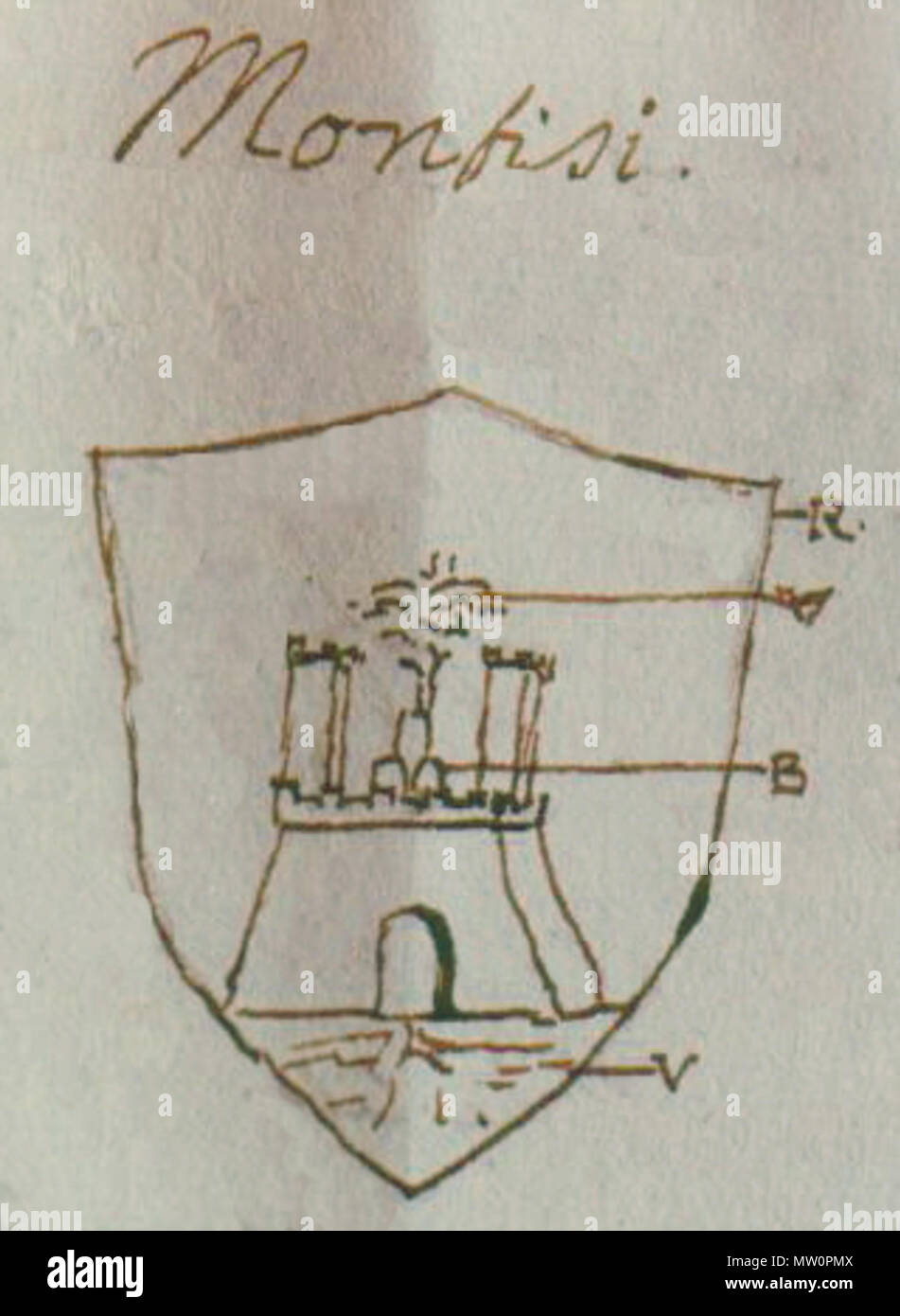. Italiano: Lo stemma di Montisi preso da un documento del 1700 . Pufui Pc Pifpef I 575 Stemma di Montisi da un'antico documento Stock Photo