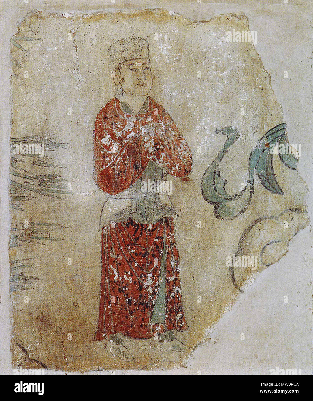 . Praying man (?), China, Gansu or Ningxia (?), 10th/11th century. Height 60 cm, width 50 cm. Fragment of a wall painting. Musée national des arts asiatiques - Guimet, Paris, Inv. no. MA 480. If one accepts that the painting is from Ningxia or Gansu, the man might be a Tangut. 10th/11th century. unknown / (of the reproduction) Musée national des arts asiatiques - Guimet, Paris 500 PrayingTangutMan Stock Photo