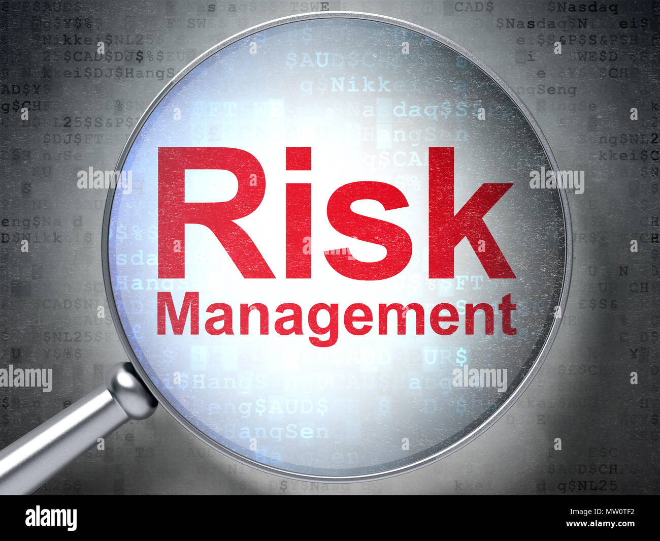 Business concept: magnifying optical glass with words Risk Management ...
