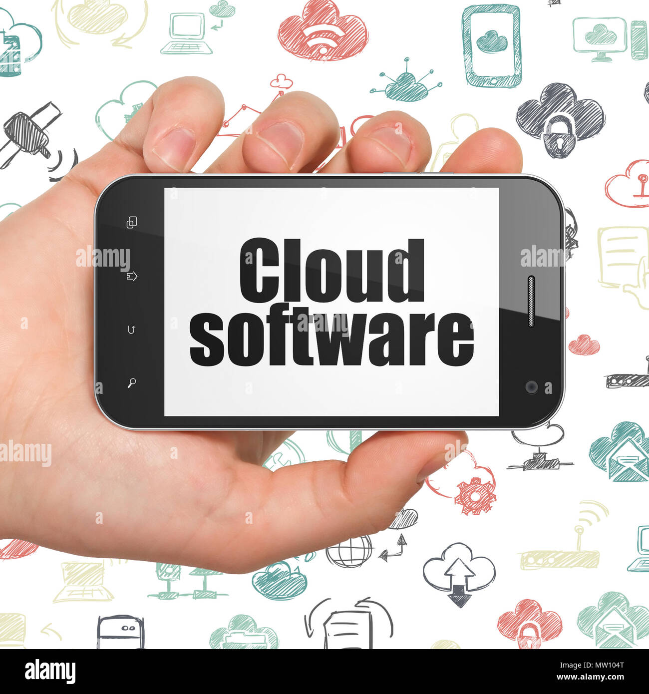 Cloud computing concept: Hand Holding Smartphone with black text Cloud ...