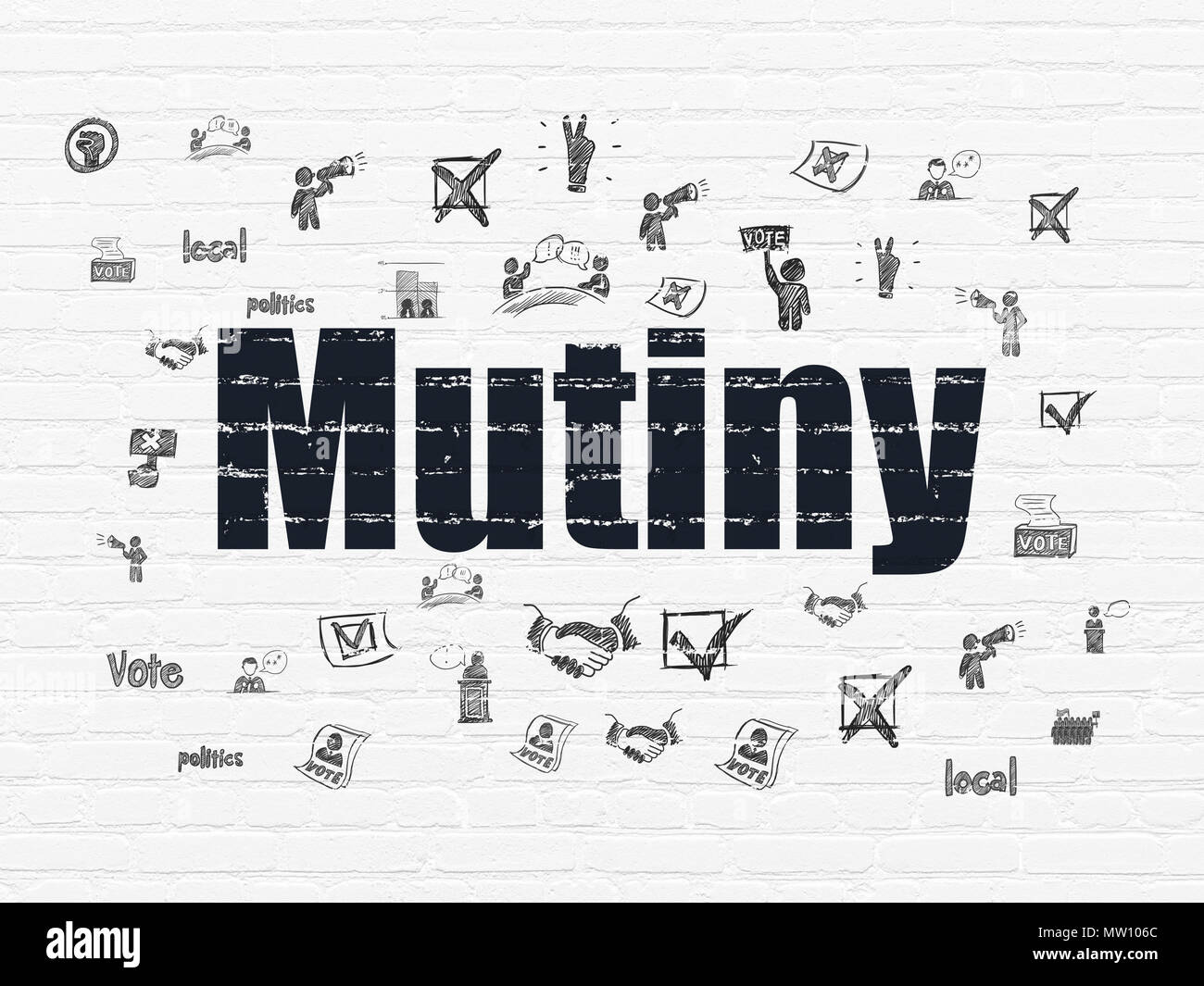 Politics concept: Painted black text Mutiny on White Brick wall ...