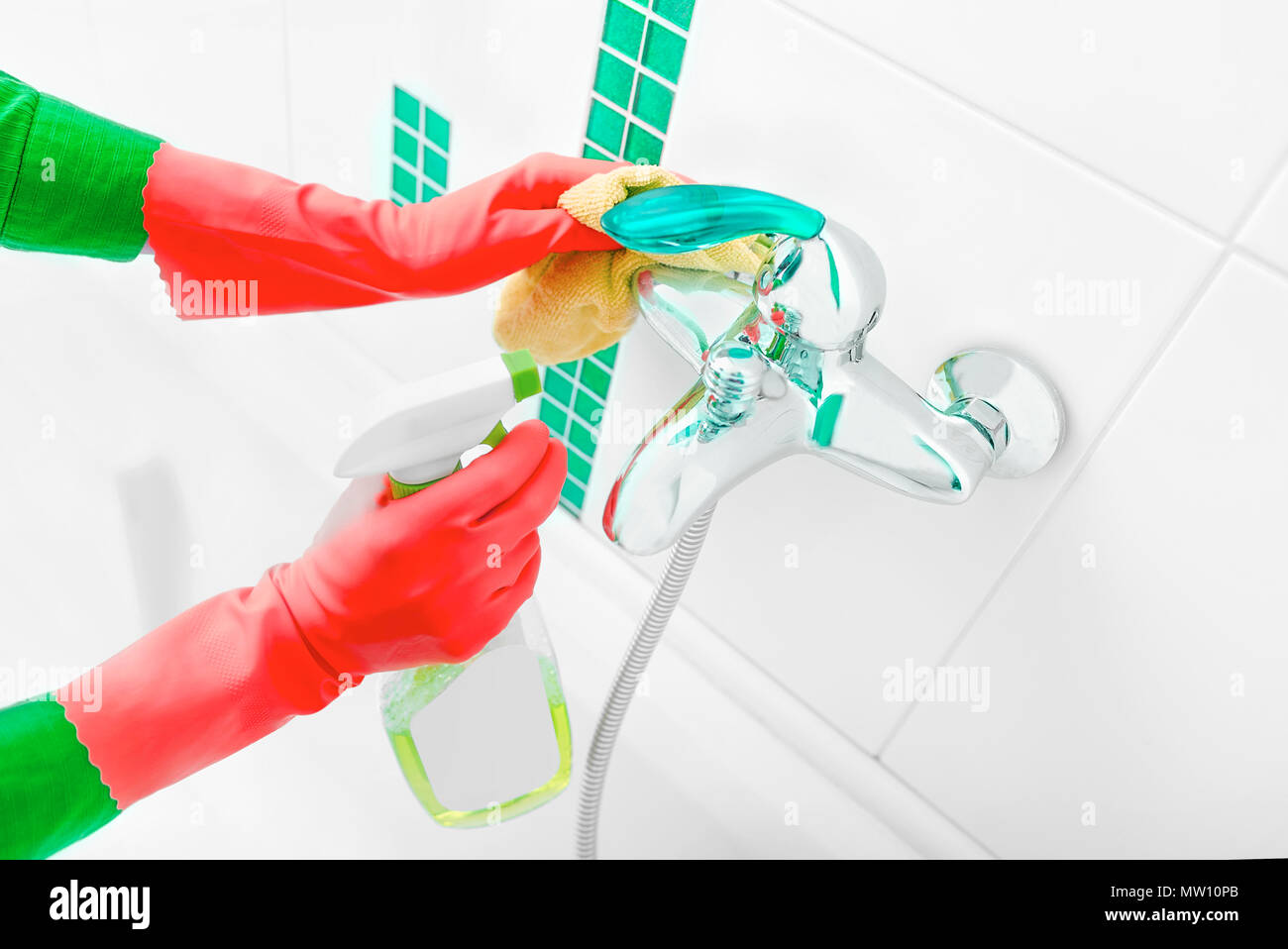 Hands in rubber gloves wash the shower Stock Photo Alamy