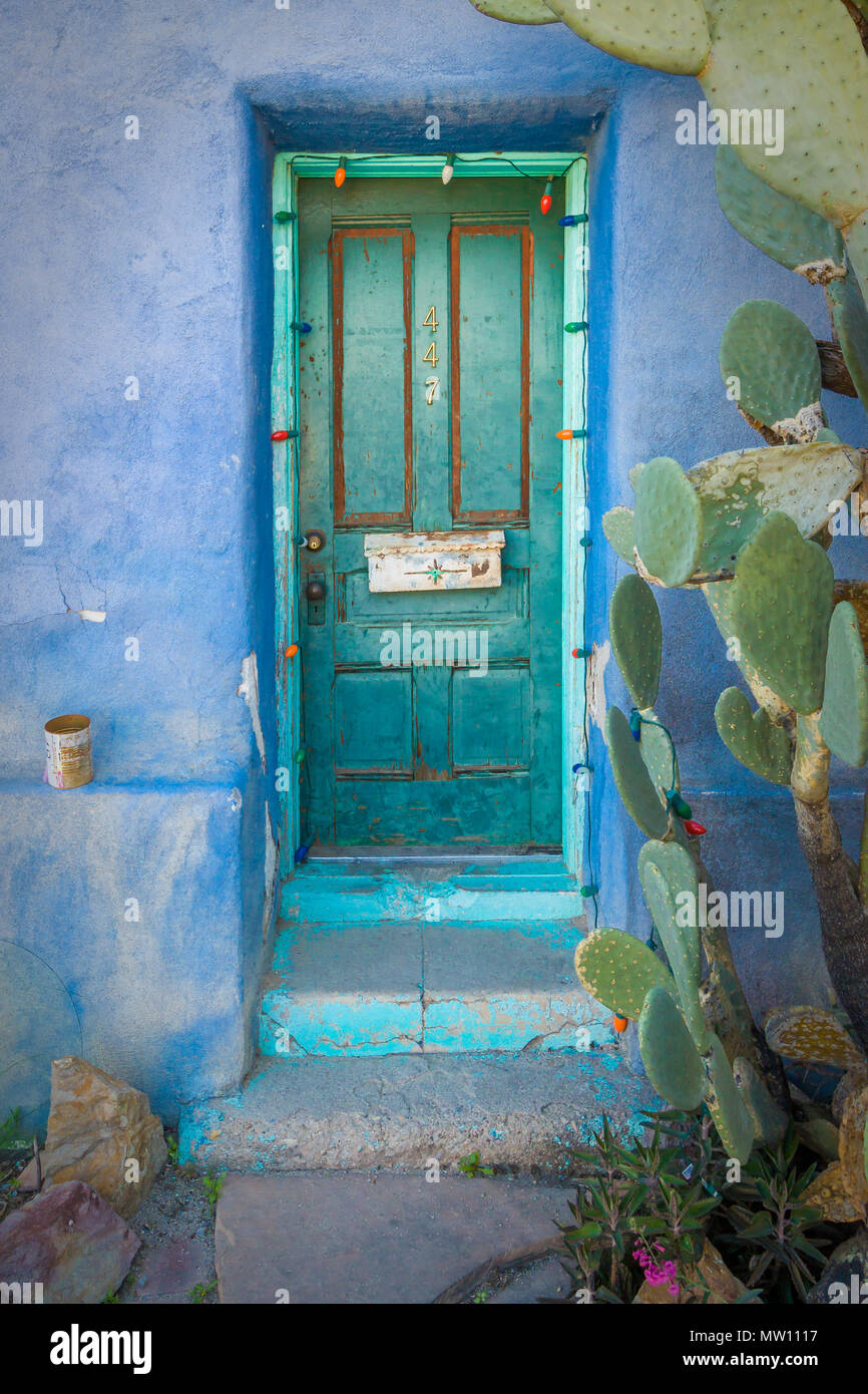 Turquoise Painted Door with Cactus in the Southwest Stock Photo