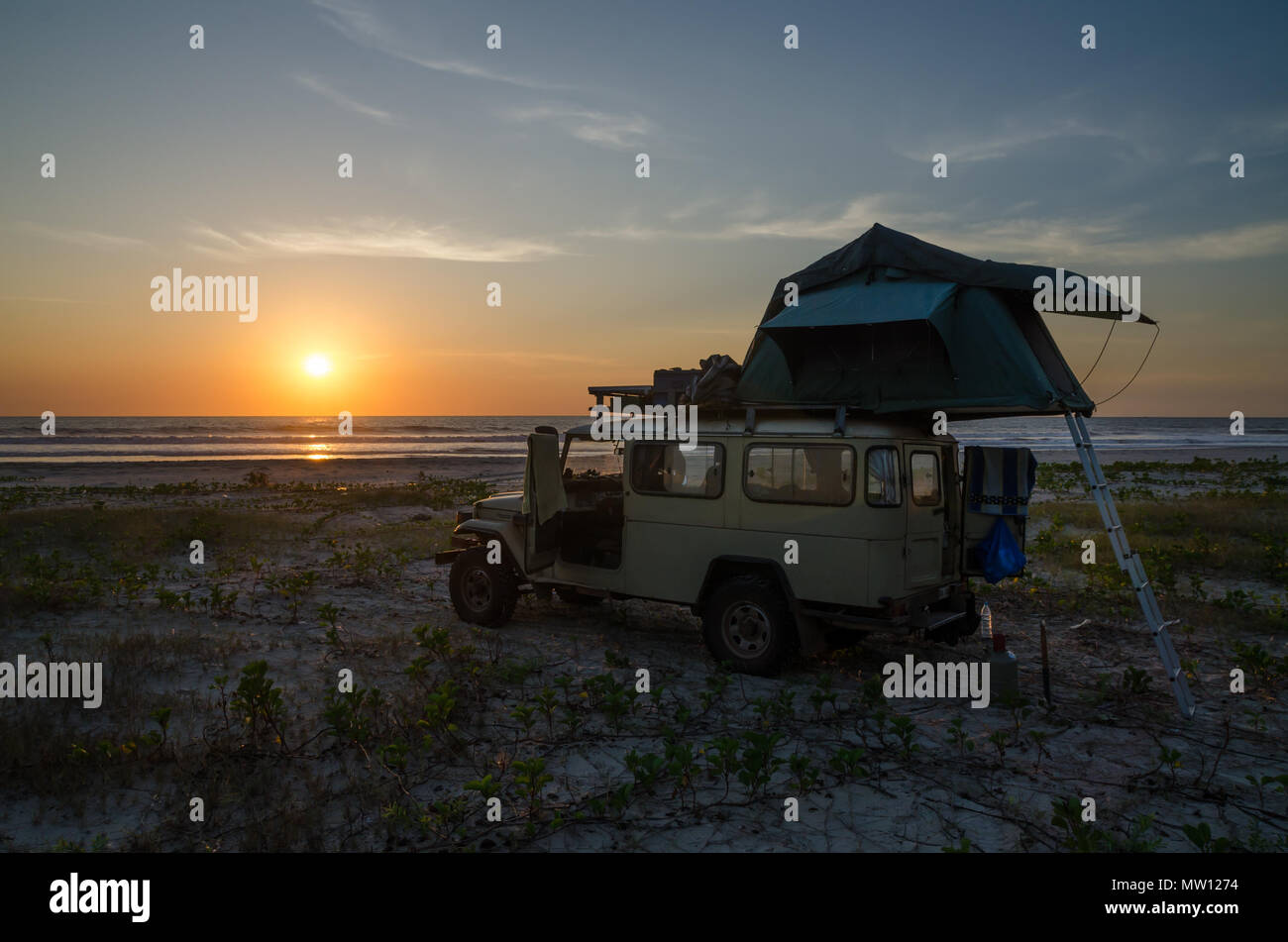 4x4 Offroad Vehicle With Roof Top Tent Camping On Beach During Sunset Casamance Senegal Africa Stock Photo Alamy