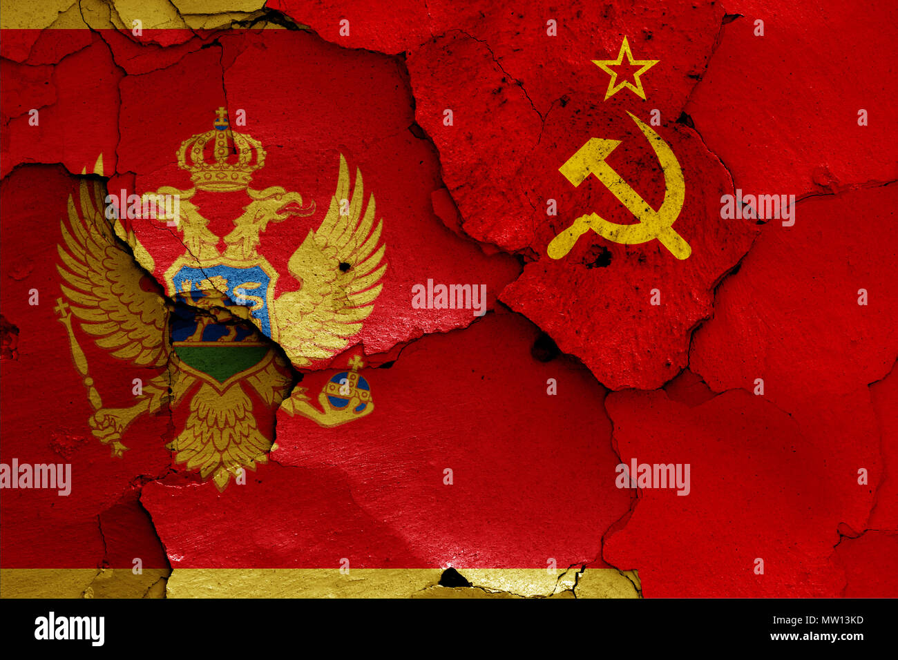 flags of Montenegro and Soviet Union Stock Photo