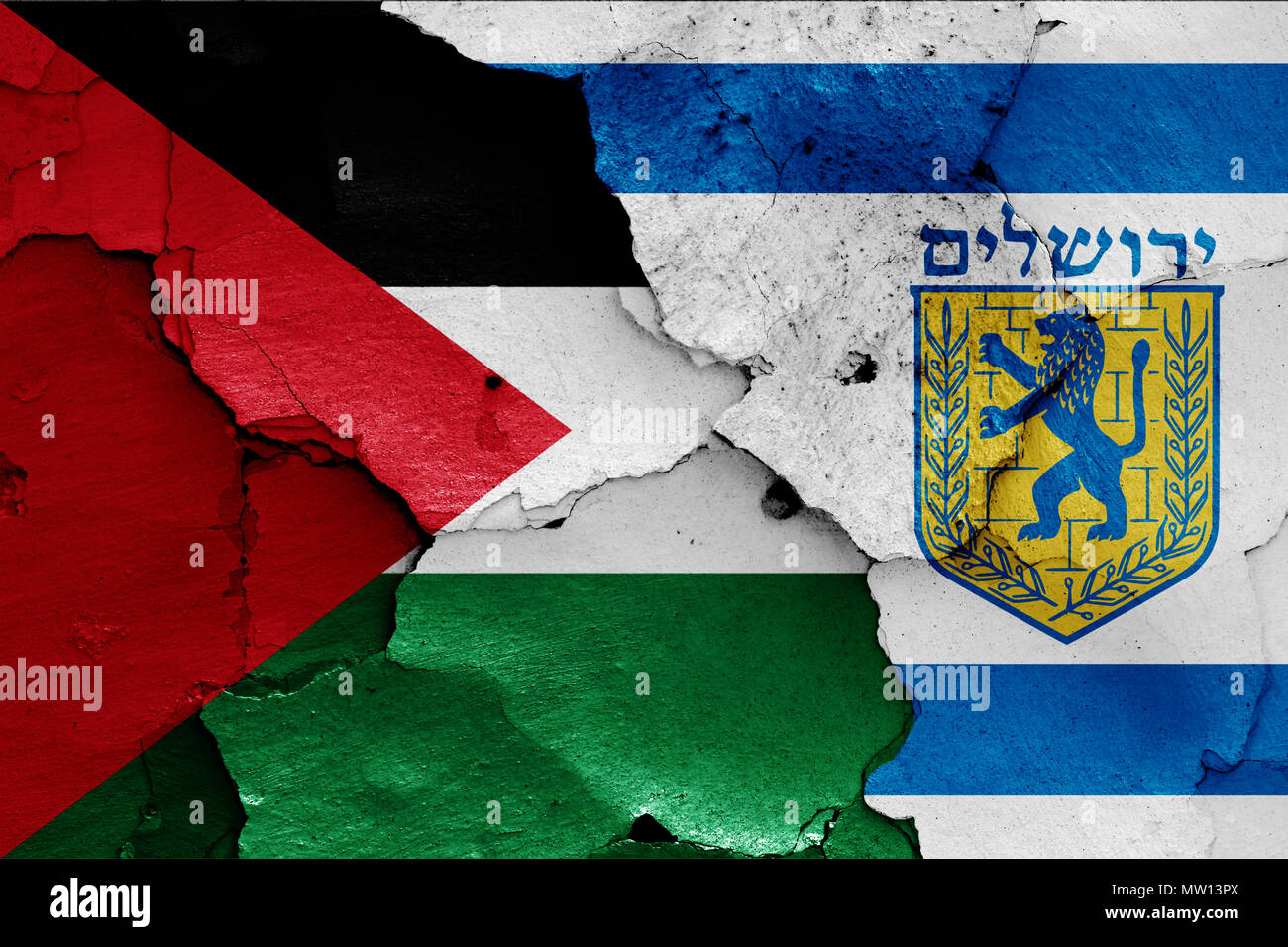 flags of Palestine and Jerusalem Stock Photo