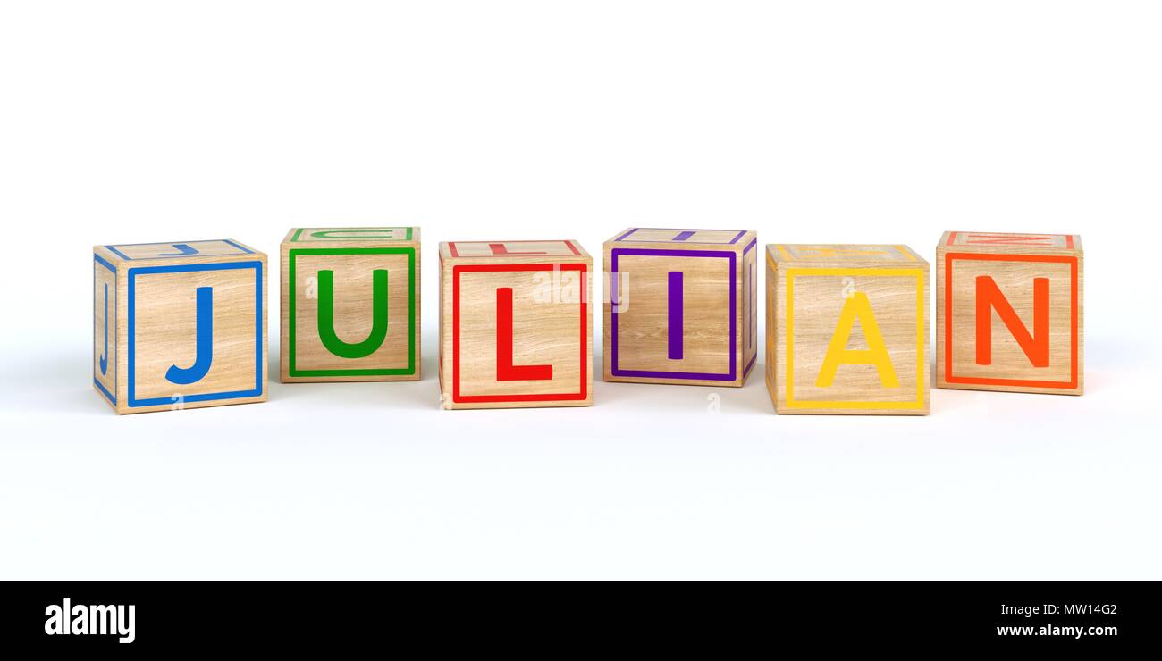 The name julian written with Isolated wooden toy cubes Stock Photo