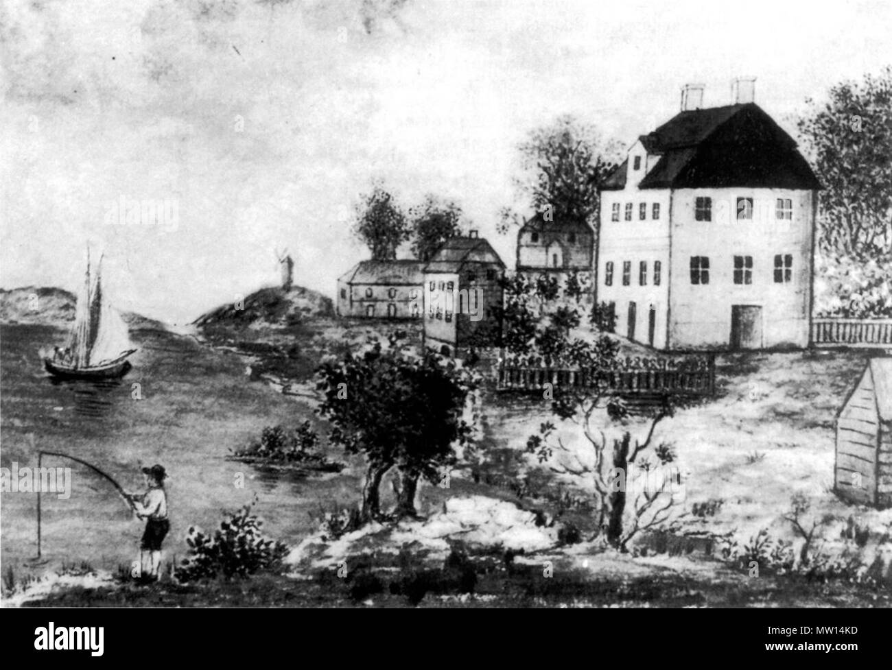 . Svenska: Lars Fresks första fabriksbyggnad på Elfviks gård uppförd 1798. Teckning från 1799. September 2008. Lidingo 359 Lars Fresk fabrik 1799 Stock Photo