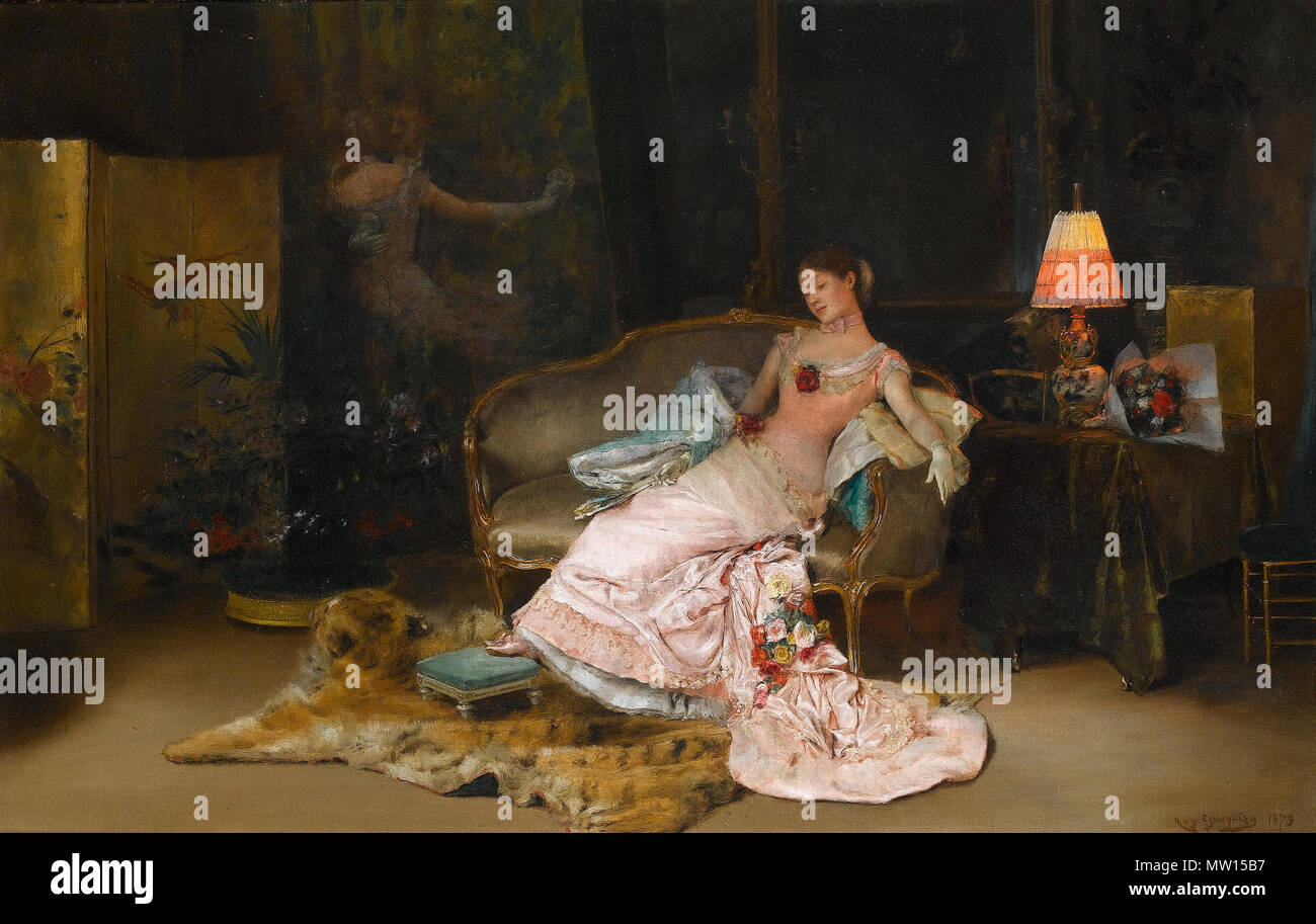 .  English: A reverie during the ball. Signed and dated Rog Egusquiza 1879. Oil on canvas, 55 x 85 cm �������ç������ : Canapé en corbeille, tabouret de pied, paravent . 1879  525 Rogelio de Egusquiza A reverie during the ball 1879 Stock Photo
