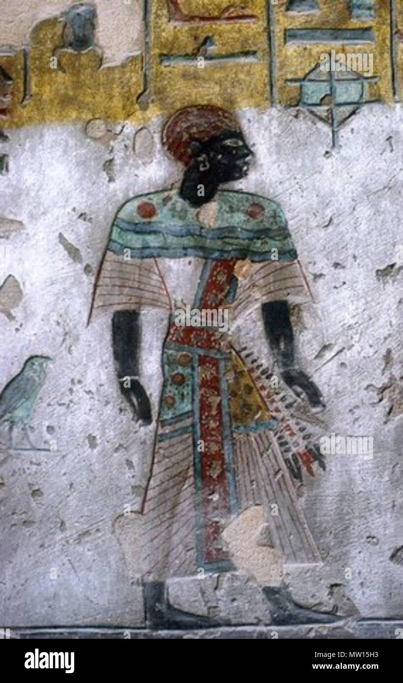 . English: Book of Gates, fourth division (P)/fifth hour (H) lower register, scene 30: Nubian, one of the 'four races of mankind,' erroneously labeled as an Egyptian. Scene from tomb of Ramses III. (KV11) . New Kingdom, Dynasty 20, Rameses III. Unknown 450 Nubian (KV11) Stock Photo