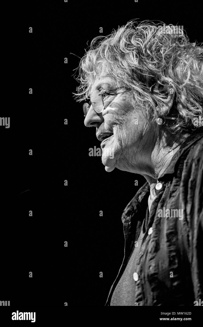 Wednesday  30 May 2018  Pictured: Germaine Greer talks at the festival  ( Black and White conversion )  Re: The 2018 Hay festival take place at Hay on Wye, Powys, Wales Stock Photo