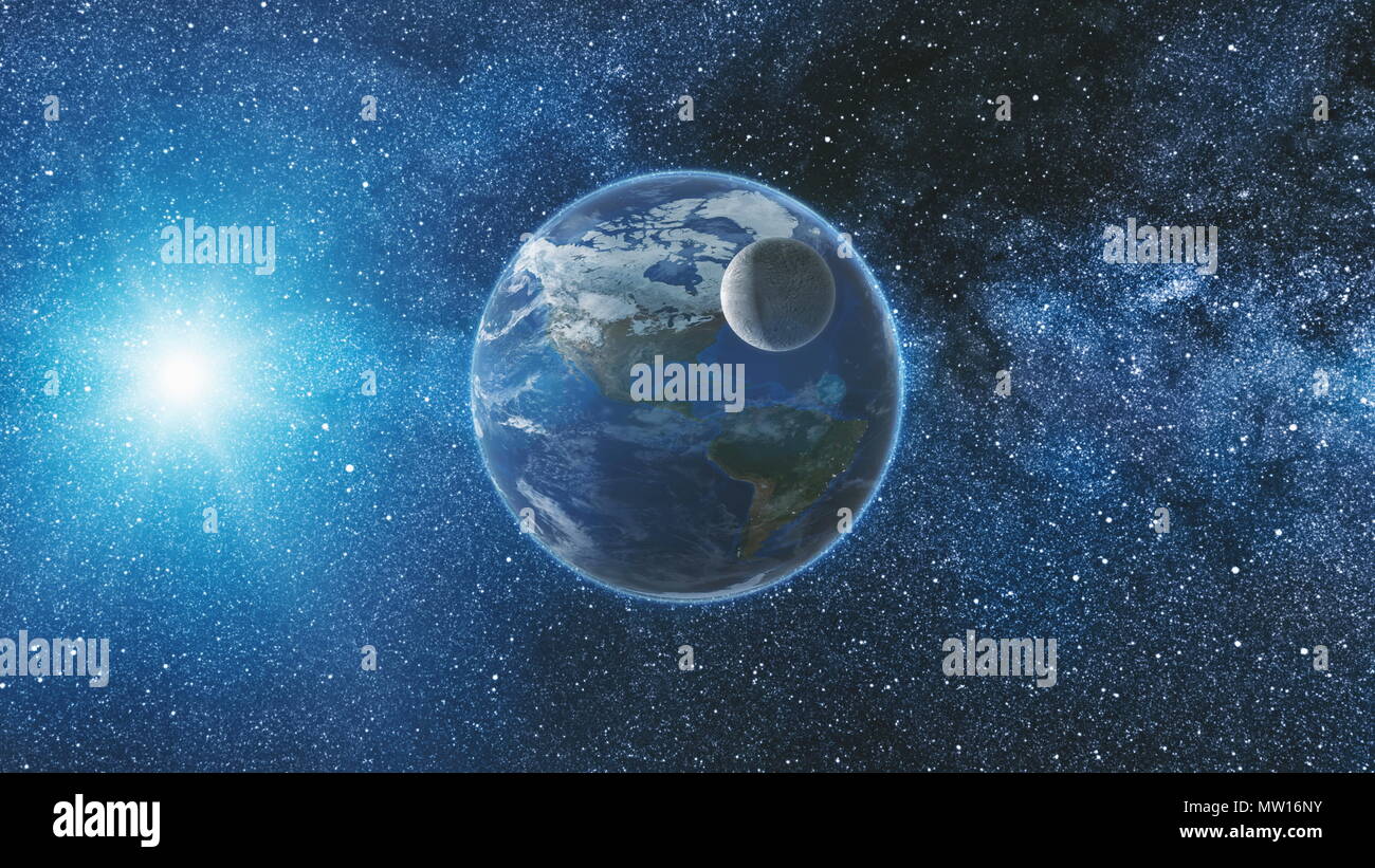 Sunrise view from space on Planet Earth and Moon rotating in space ...