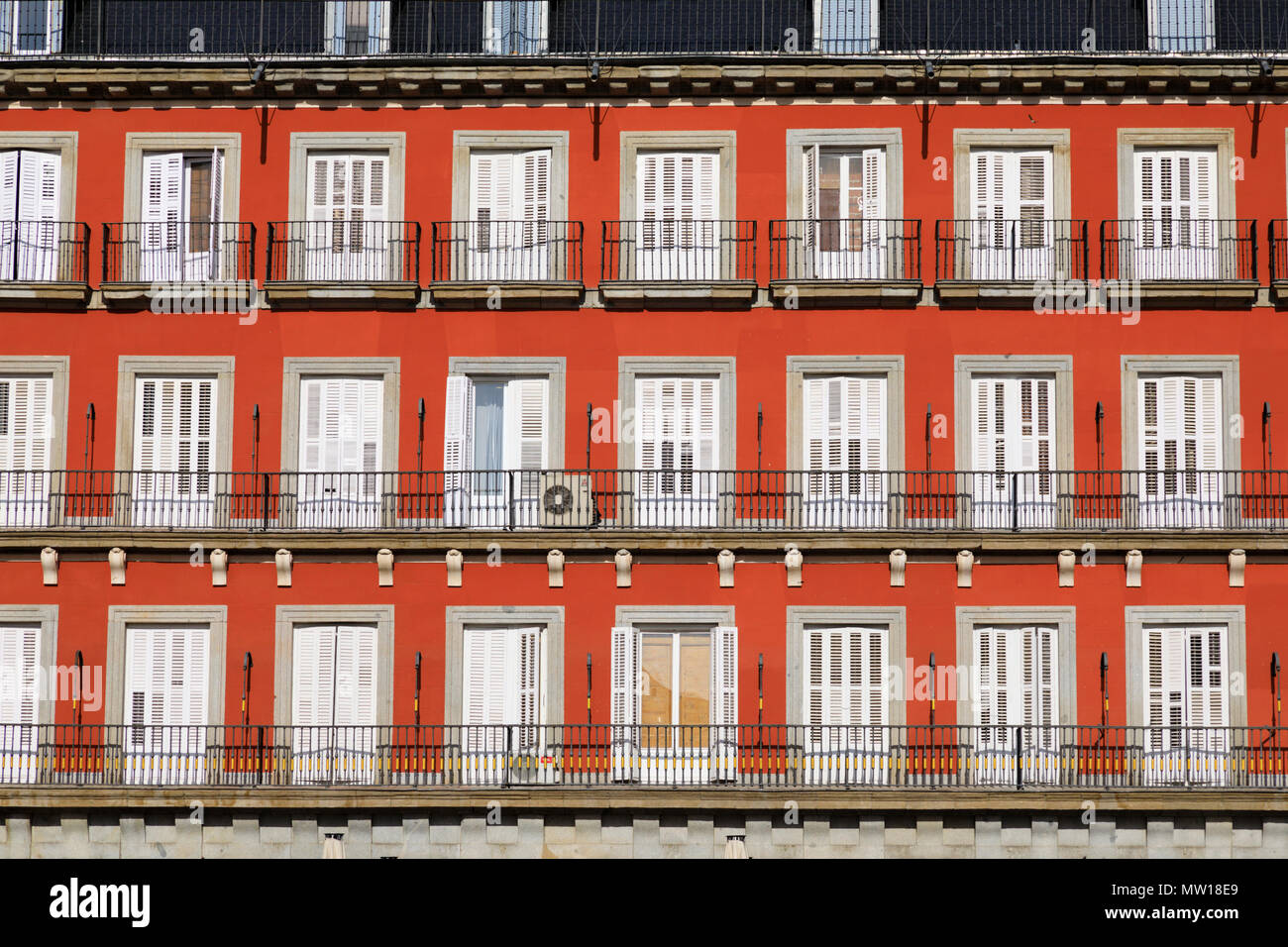 Detail from orange painted buildings in Plaza Mayor facade, Madrid, Spain. May 2018 Stock Photo