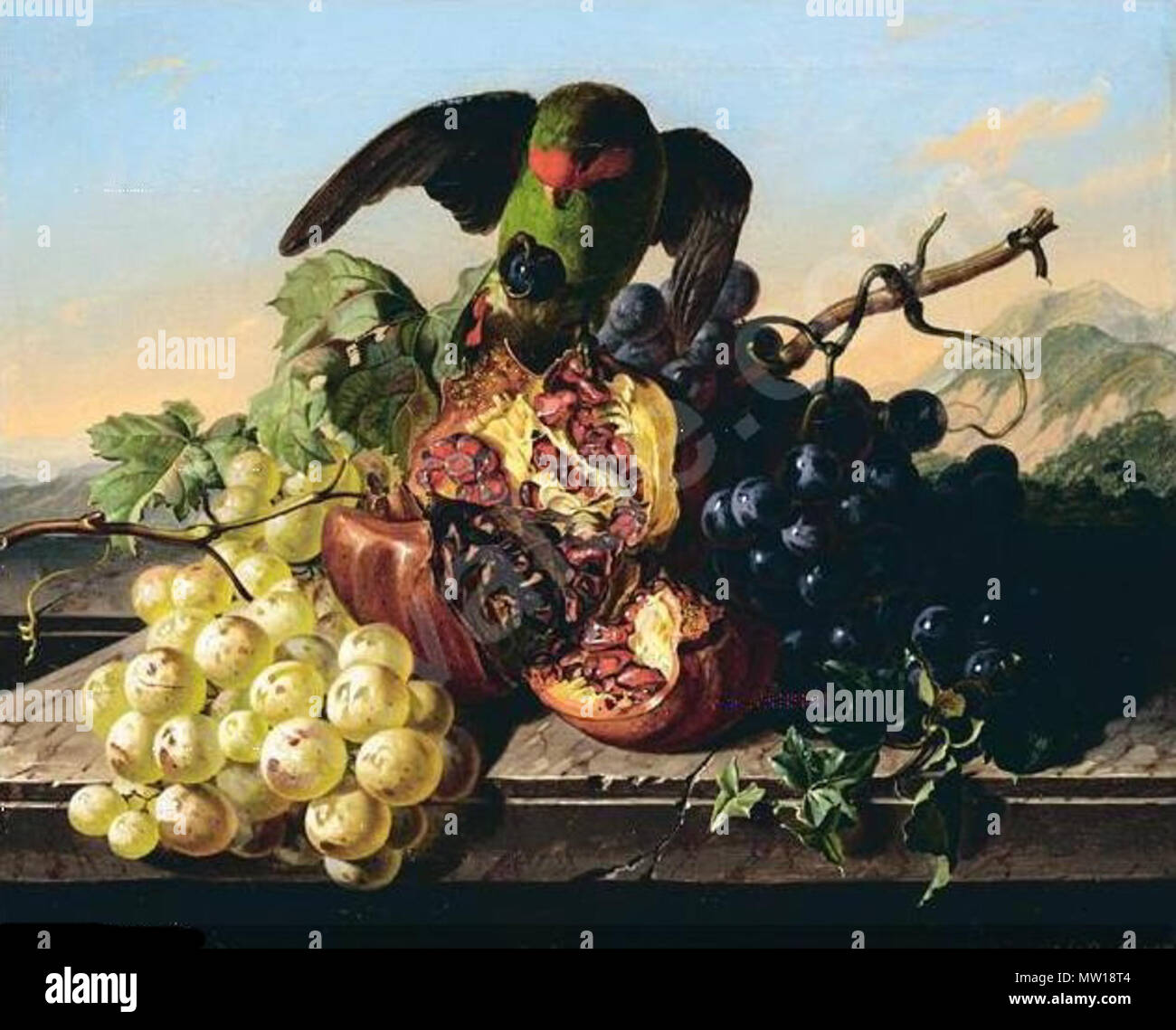. Deutsch: Agapornid stielt Fressen. . Strohmayer 1828-1868 578 Strohmayer-antal-jozsef - parrot-stealing-fruit Stock Photo