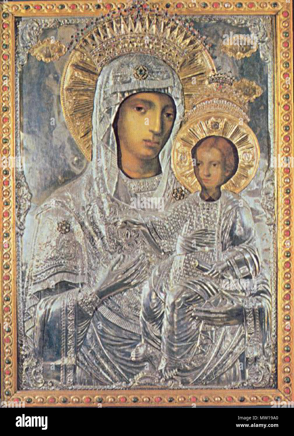 English: The Icon of Theotokos Acheiropoietos (i.e. not made by human  hands). Romanian Skete Prodromos, Mount Athos. Feast day: 12 July. Română:  Maica Domnului «Prodromiţa», Schitul Prodromu, Athos. Praznic: 12 iulie.