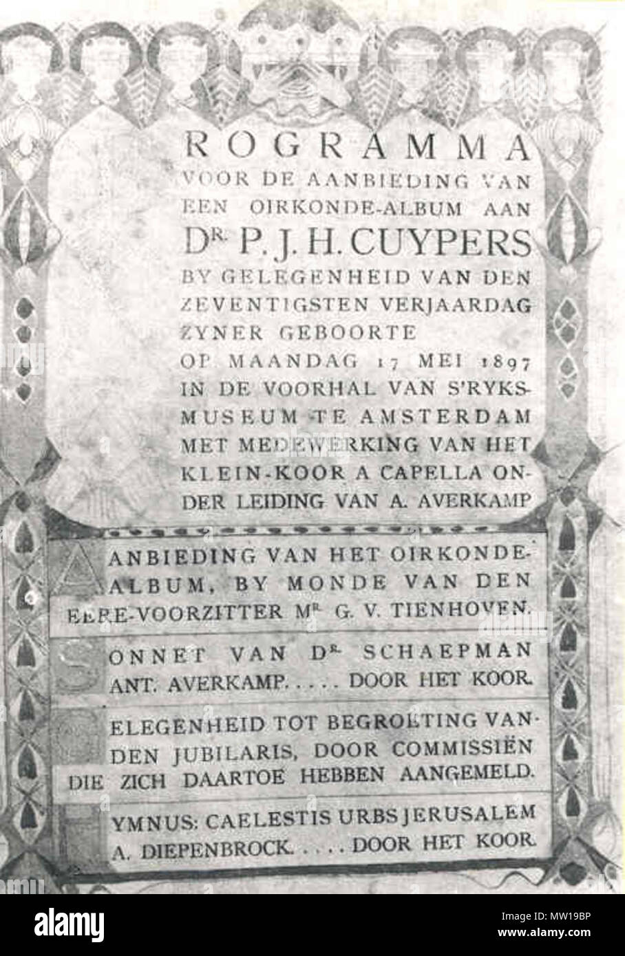 . Programme of the presentation of a certificate of appreciation on the occasion of the 70th birthday of Pierre Cuypers  . 1897  503 Programme of the presentation of a certificate of appreciation on the occasion of the 70th birthday of Pierre Cuypers 0483 a Stock Photo