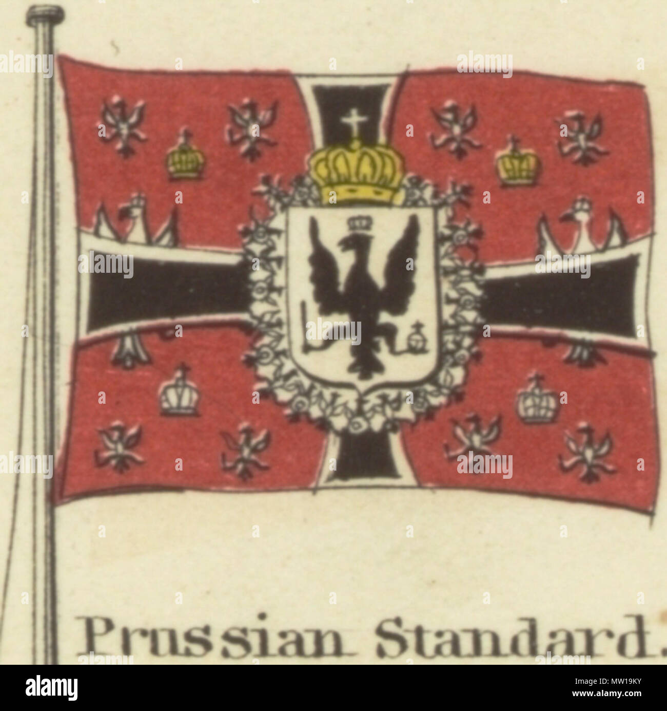 . English: Prussian Standard. Johnson's new chart of national emblems, 1868.jpg Johnson's new chart of national emblems. Print showing the flags of various countries, those flown by ships, and the 'Signals for Pilots.' In the top left corner is the 'United States' 37-star flag, in the top right corner is the 'Royal Standard of the United Kingdom Great Britain & Ireland'; in the bottom left corner is the 'Russian Standard' and in the bottom right corner is the 'French Standard.' The flags on this sheet differ slightly from those on another sheet numbered 4 [top left] and 5 [top right]. 1868.    Stock Photo