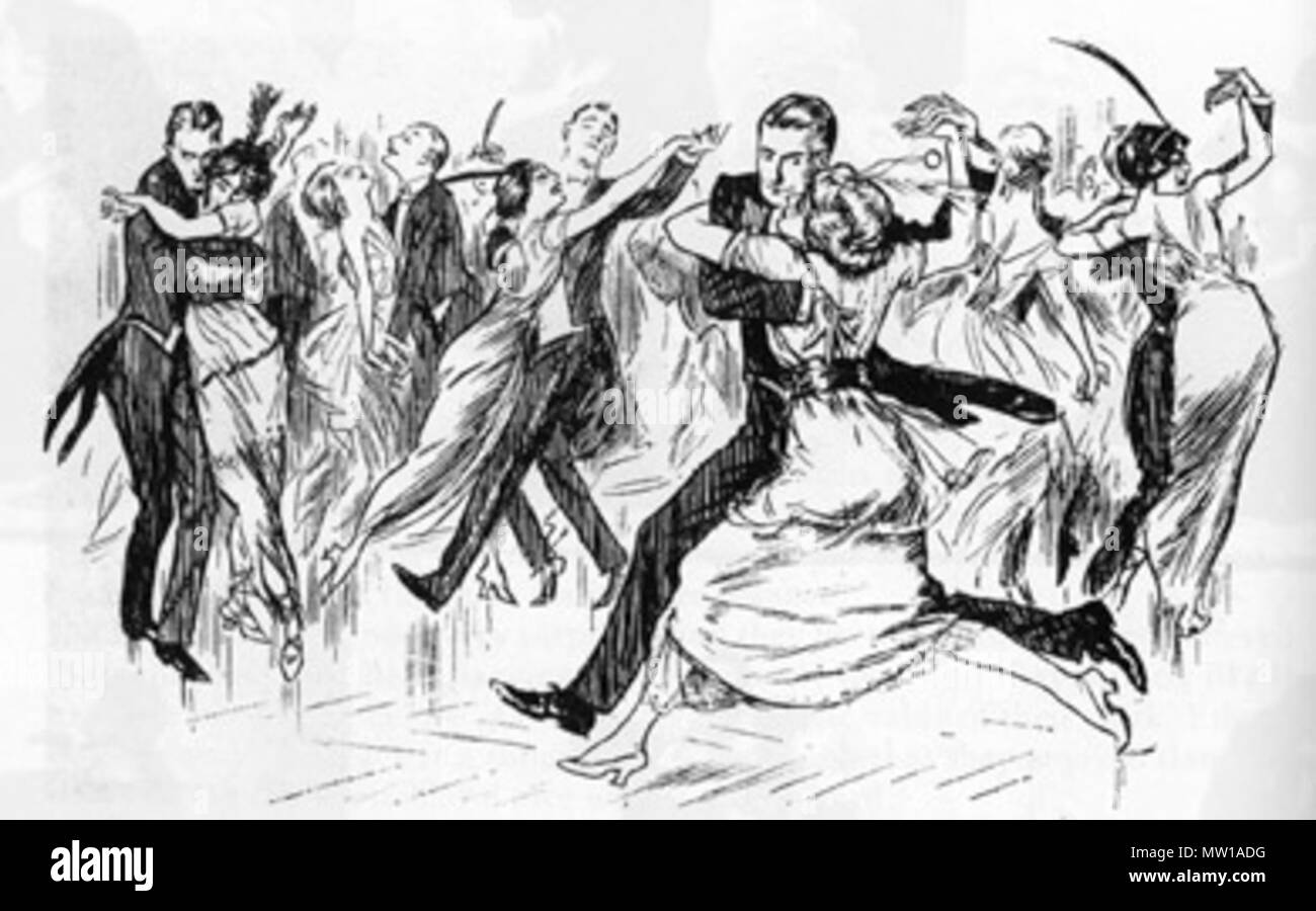 . English: Drawing from Punch magazine humorously depicting couple dancing the tango. 1920s. Unknown 506 Punchtango72 Stock Photo