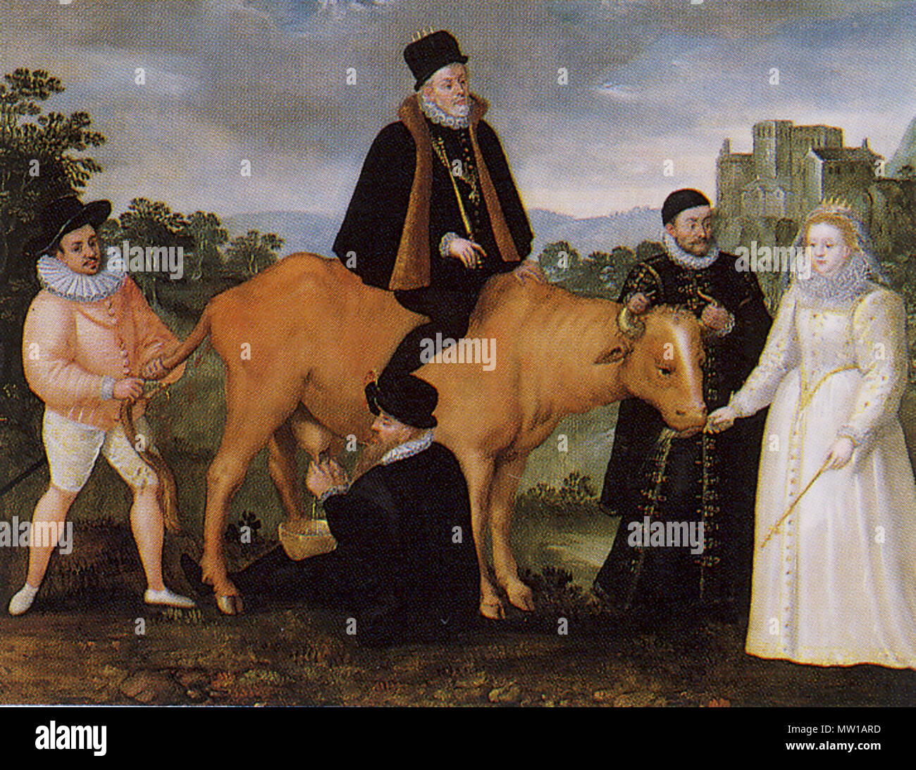 . English: Queen Elizabeth I Feeds the Dutch Cow. Oil on panel, 39.4 × 49.5, artist unknown. This satirical painting depicts a cow which represents the Dutch provinces. King Philip II of Spain is vainly trying to ride the cow, drawing blood with his spurs. Queen Elizabeth is feeding it while William of Orange holds it steady by the horns. The cow is defecating on the Duke of Anjou, who is holding its tail. The picture was painted in the period following the visit of François, Duke of Anjou (brother of King Henry III of France) to Queen Elizabeth's court in 1581–82 to discuss his marriage propo Stock Photo
