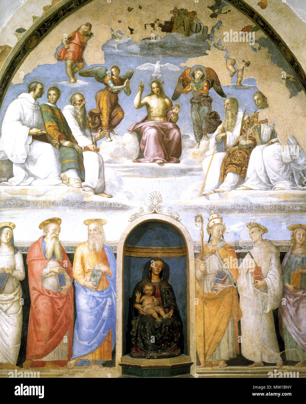 . Holy Trinity with Saints Raphael Fresco Perugia, San Severo . circa 1505. see filename or category 510 Raffaello, affresco della cappella san severo Stock Photo