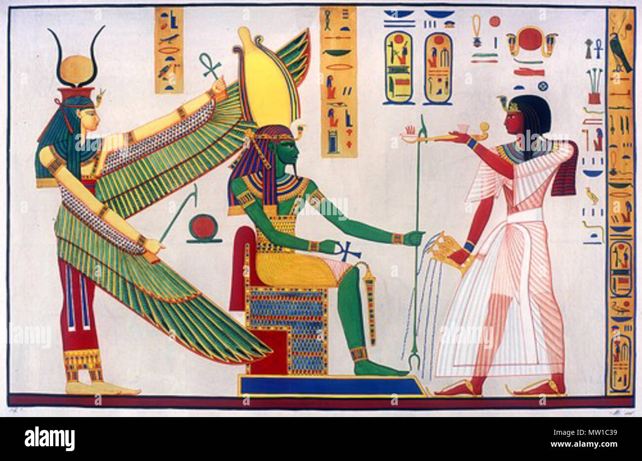 . English: Rameses III censing and libating before Ptah-Sokar-Osiris, protected by winged Isis. Scene from tomb of Ramses III. (KV11) . Before 4 November 1844. Guiseppe Angelleli 511 Rameses III censing and libating (KV11) Stock Photo