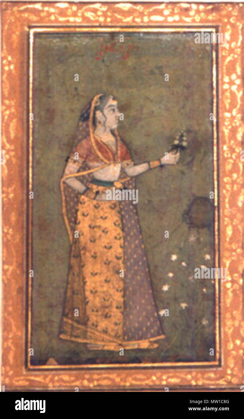 . Rani Durgavati .  English: Transferred from the School of Arts and crafts in 1943. The picture shows, the Rani in standing posture, she holds flower in her left hand. An inscription is written on the top portion of the painting. . Late 17th century.. Unknown Mughal artist 512 Rani Durgavati Stock Photo