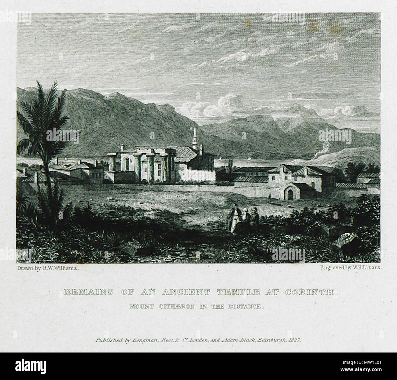 . English: Hugh William Williams. Select Views in Greece with Classical Illustrations, vol. ΙI, London, Longman, Rees, Orme, Brown, and Green / Edinburgh, Adam Black, M.DCCC.XXIX (1829) . 1829. William Hugh Williams 516 Remains of an ancient temple at Corinth Mount Cithaeron in the distance - Williams Hugh William - 1829 Stock Photo