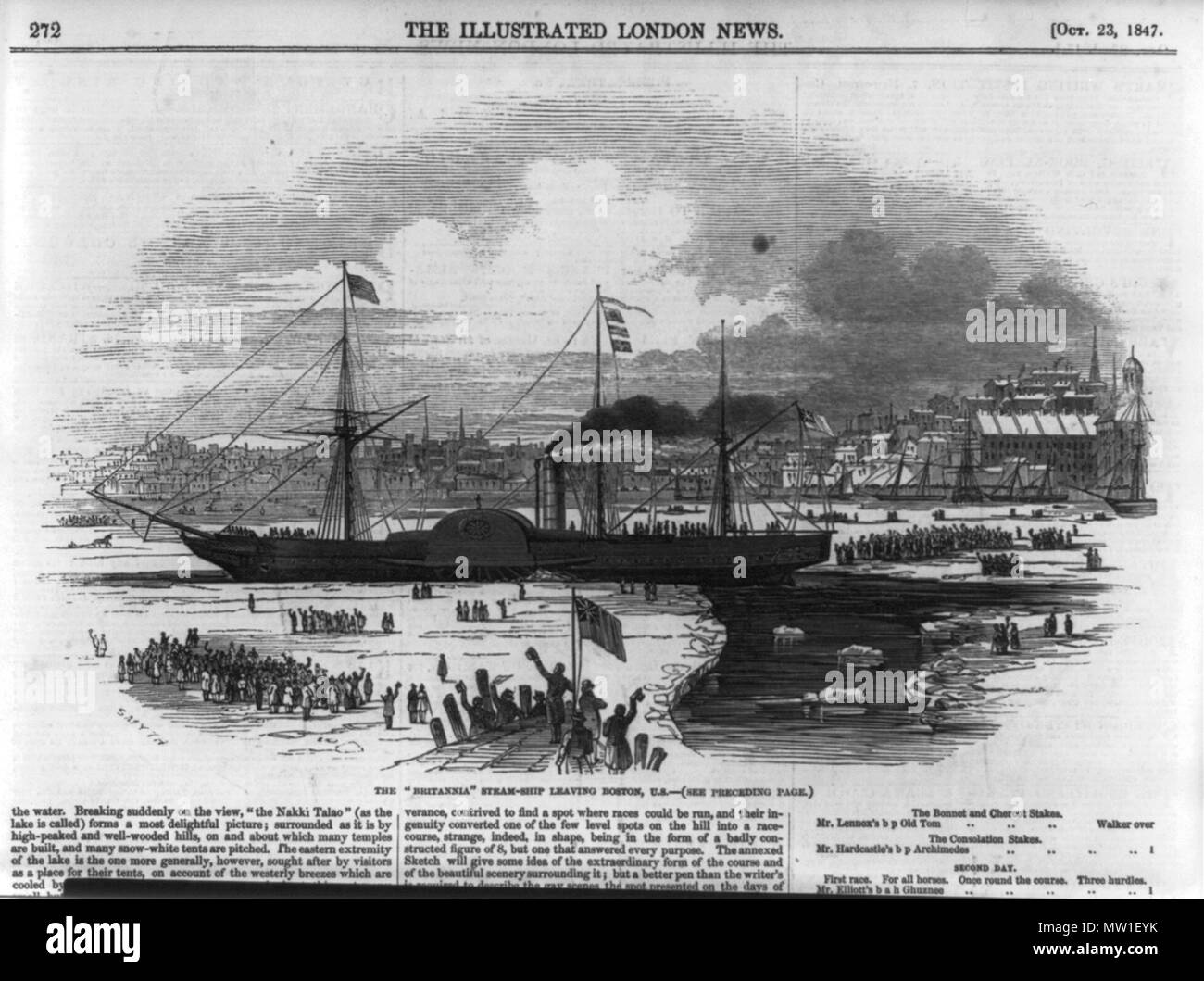 . English: Original caption: 'The 'Britannia' steam-ship leaving Boston, U.S.'. The text of the associated article stated, 'Our Illustration represents the Britannia just saved from a position which excited much attention. In January, 1844, the noble vessel became perfectly ice-bound in the harbour of Boston; when, by extraordinary labour, a channel was cut for her through the 'thick-ribbed ice;' and on February 1, she steamed out of the harbour, amidst the shouts of the people at so great a triumph of perseverance.' Britannia was Cunard's first transatlantic steamship. 23 October 1847. Unknow Stock Photo