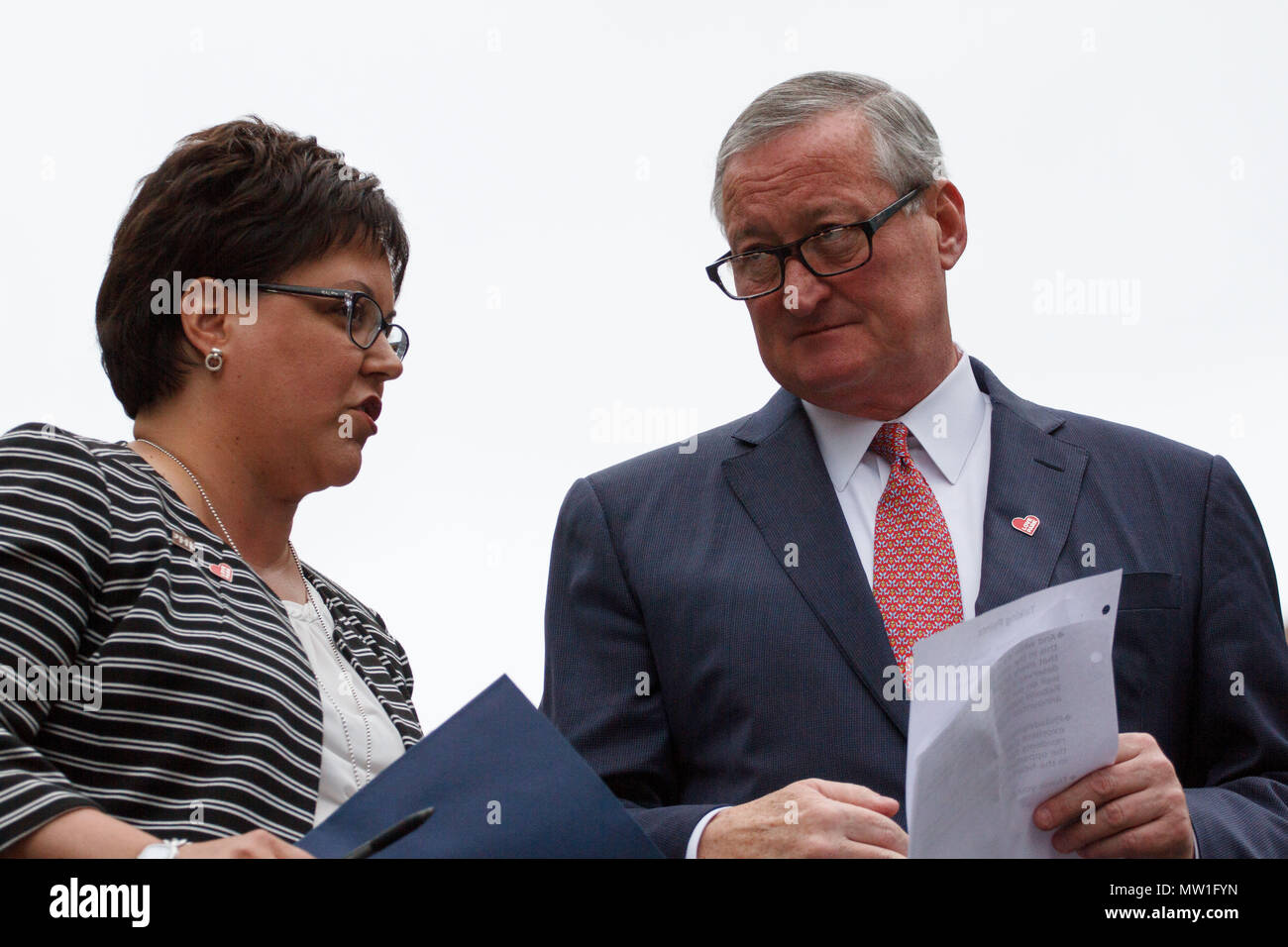 Philadelphia, United States. 30th May, 2018. Parks and Recreation Commissioner Kathryn Ott Lovell speaks with Mayor Jim Kenney before a ceremony re-opening the city's iconic Love Park, home of the famous LOVE statue by artist Robert Indiana, after more than two years of renovations. Credit: Michael Candelori/Pacific Press/Alamy Live News Stock Photo