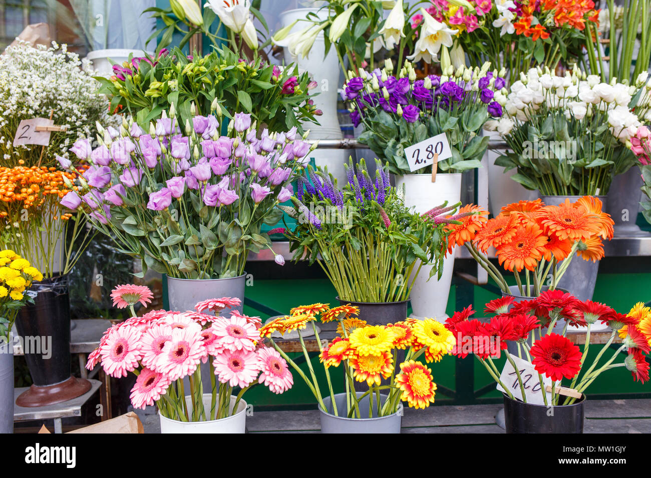 Outdoor flower market with roses, peonies and lilies in Vienna, Austria
