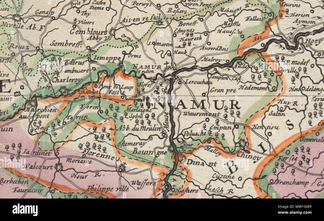. English: Detail of the 1690 map 'The Spainish Netherlands...' by Herman Moll. It shows the city of Namur and the surrounding region, where the battles of the siege of Namur (1692) occurred. 1690, but hand-coloring must be from 1691. Herman Moll 599 The Spainish Netherlands 1690 detail Namur Stock Photo