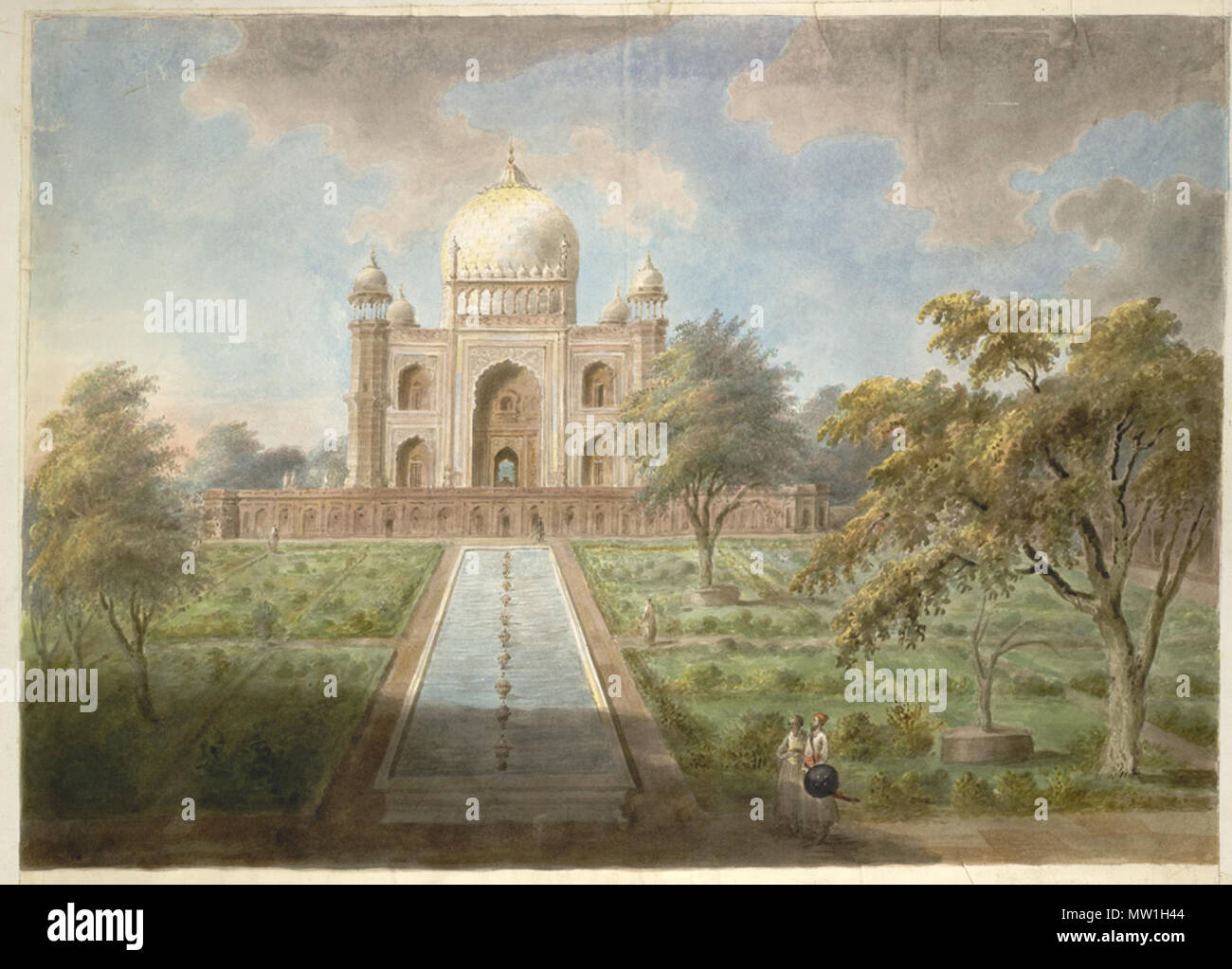 . The tomb of Safdar Jang showing the garden and water channel .  English: Watercolour of Safdar Jang's tomb from 'Views by Seeta Ram from Delhi to Tughlikabad Vol. VII' produced for Lord Moira, afterwards the Marquess of Hastings, by Sita Ram between 1814-15. Marquess of Hastings, the Governor-General of Bengal and the Commander-in-Chief (r. 1813-23), was accompanied by artist Sita Ram (flourished c.1810-22) to illustrate his journey from Calcutta to Delhi between 1814-15. An idealised view of the tomb of Safdar Jang showing the garden and water channel. Nawab Safdar Jang (r.1739-53) was the  Stock Photo