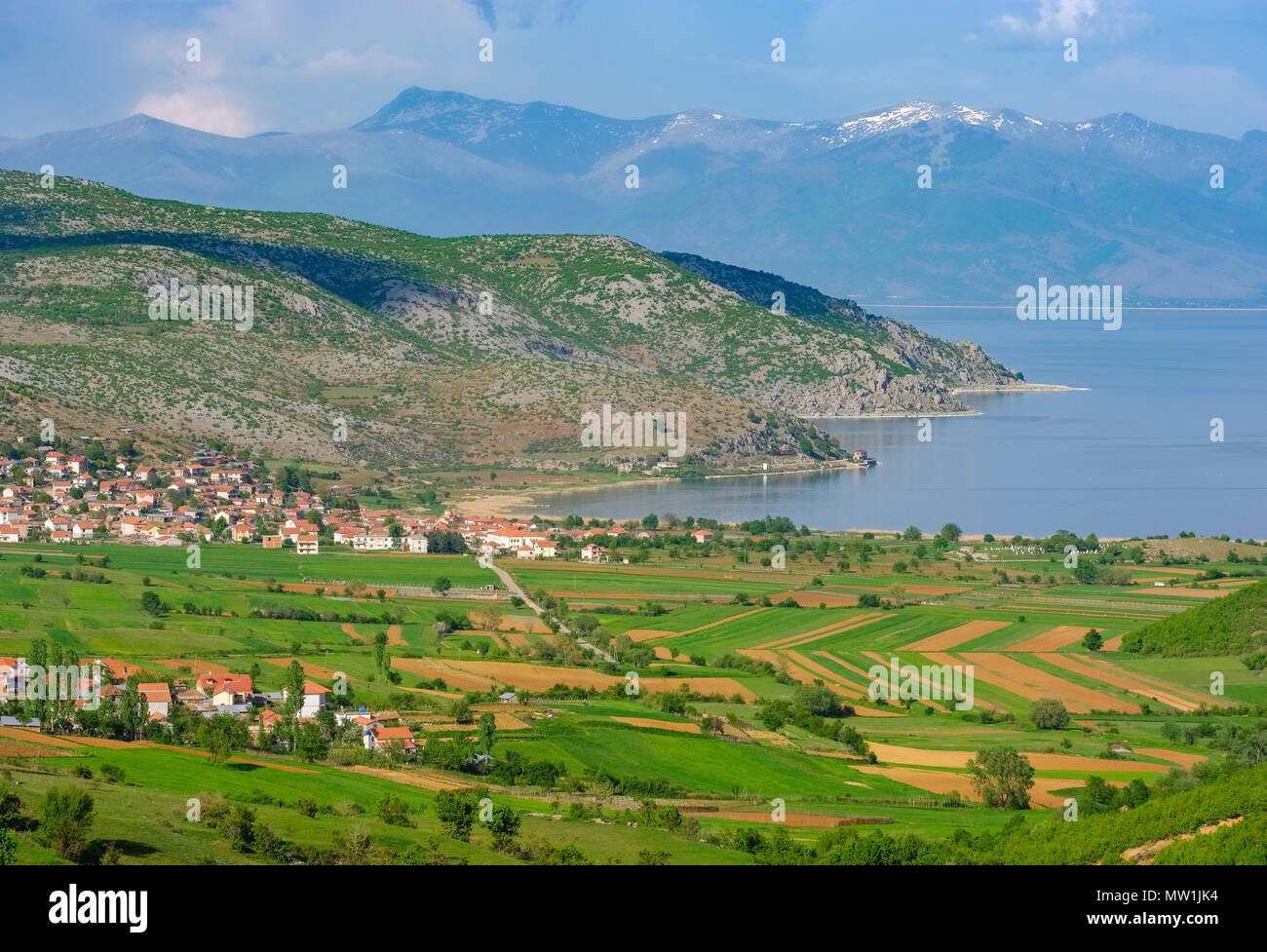 Great Lake Prespa with villages Lejthize and Liqenas, Prespa National Park, near Korça, Albania Stock Photo