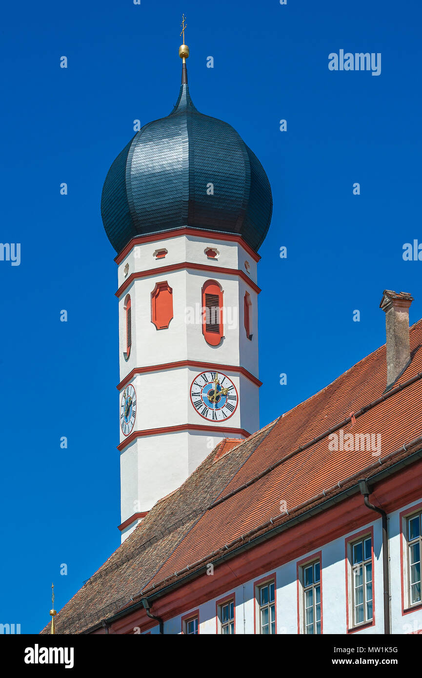 Onion dome with tower clock, Beuerberg monastery, Upper Bavaria, Bavaria, Germany Stock Photo