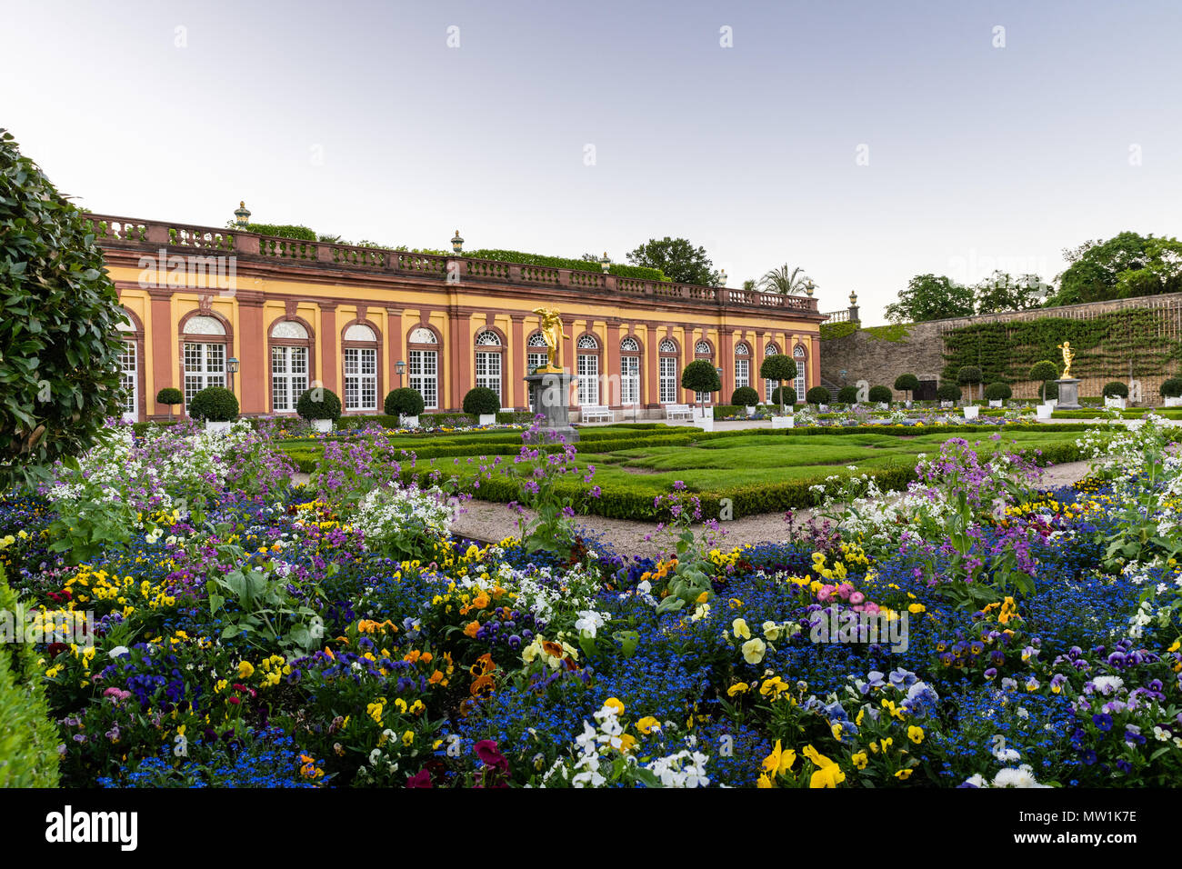 Castle garden with colourful flowers, Lower Orangery, Weilburg Castle, Weilburg an der Lahn, Hesse, Germany Stock Photo