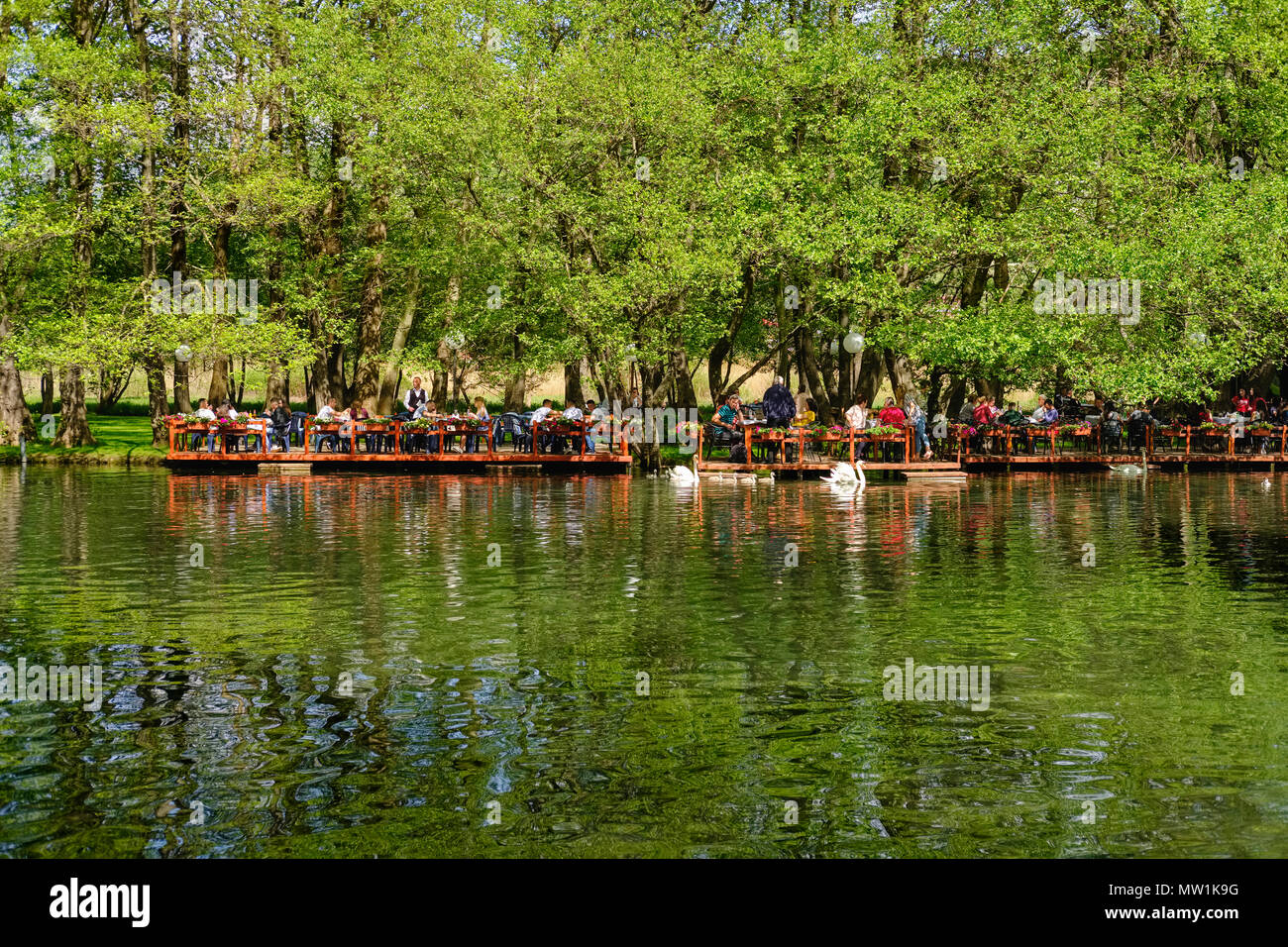 Lakefront Restaurant, Drilon National Park near Pogradec, Korca Region, Albania Stock Photo